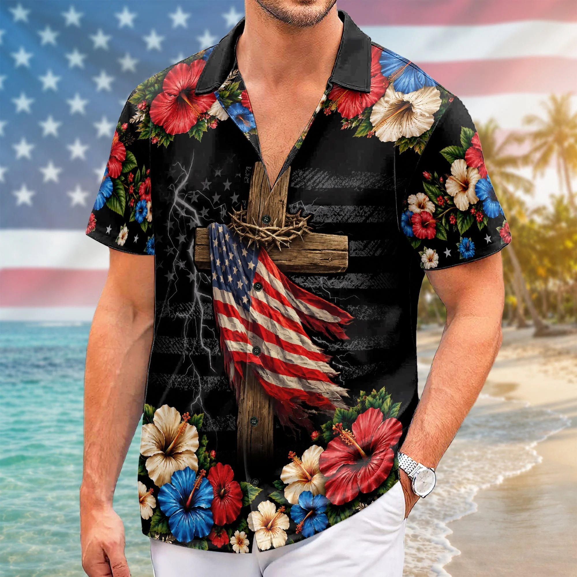 Christian Under God Cross US Flag 1776 2026 Floral Hawaiian Shirt - Patriotic Gift For Him - Image 2