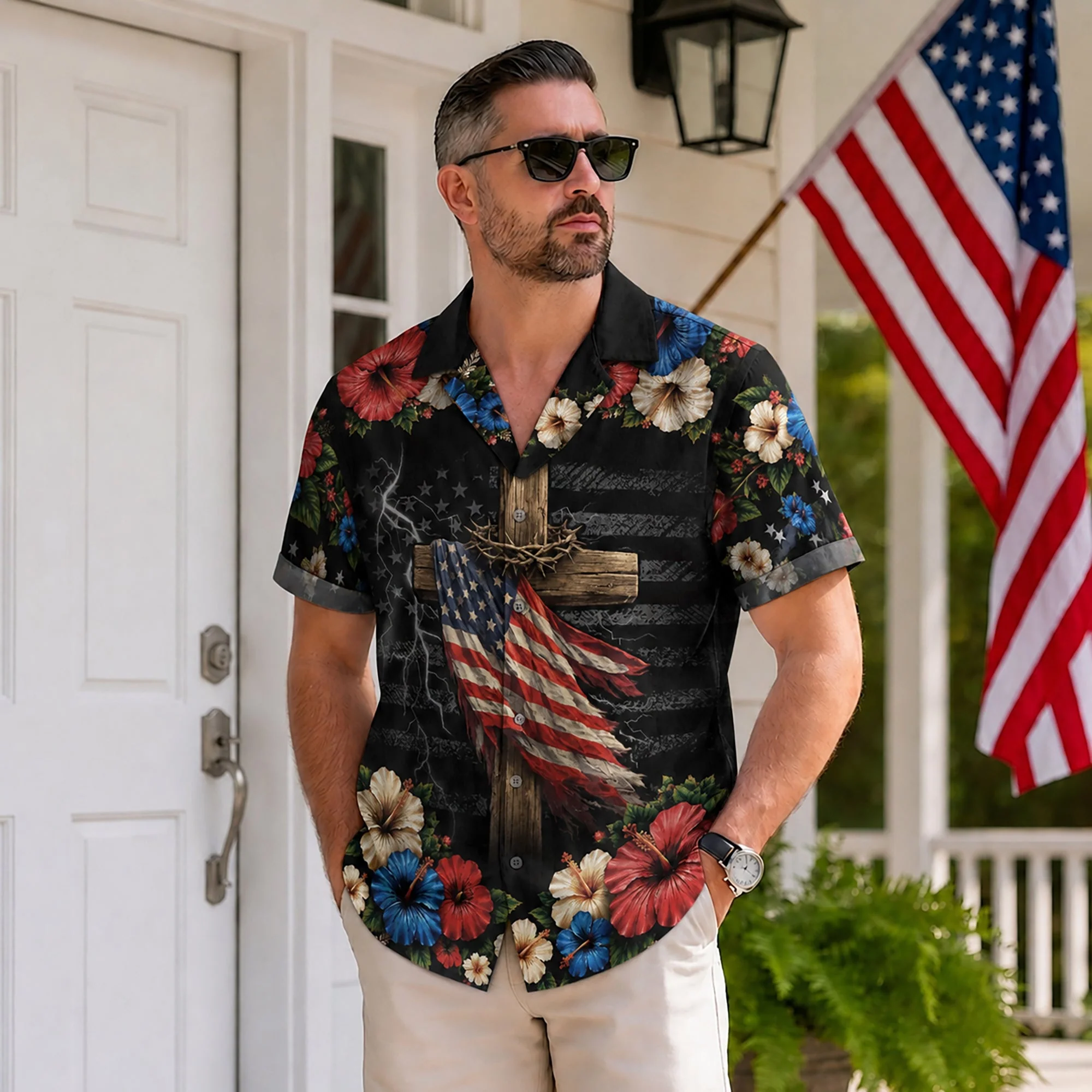 Christian Under God Cross US Flag 1776 2026 Floral Hawaiian Shirt - Patriotic Gift For Him - Image 3