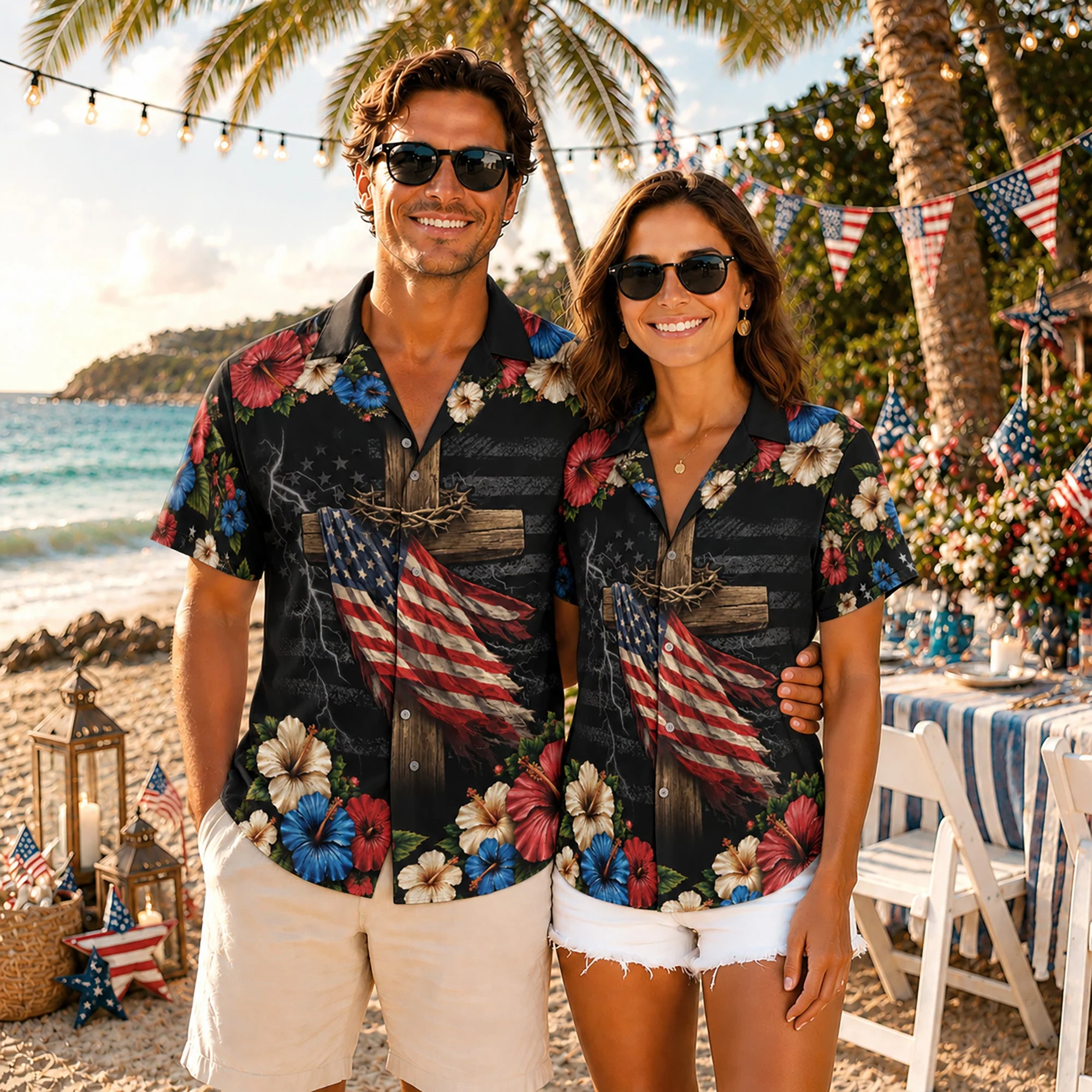 Christian Under God Cross US Flag 1776 2026 Floral Hawaiian Shirt - Patriotic Gift For Him - Image 4
