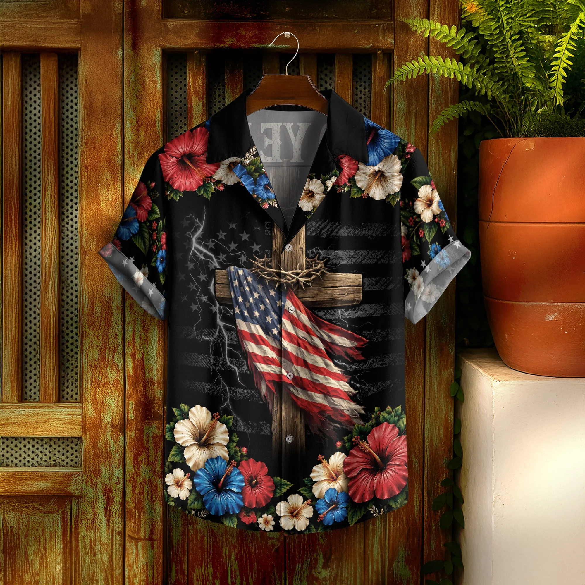 Christian Under God Cross US Flag 1776 2026 Floral Hawaiian Shirt - Patriotic Gift For Him - Image 5