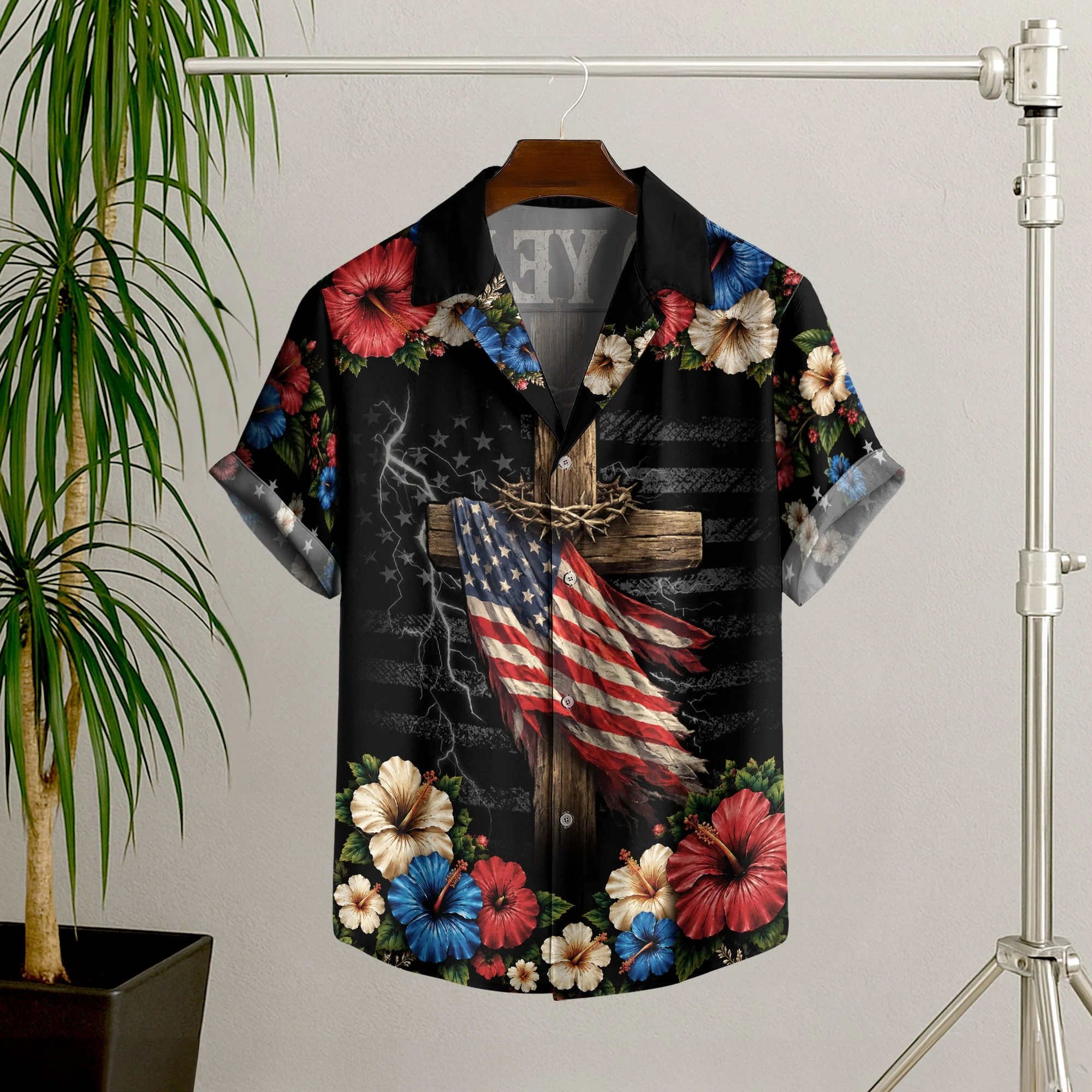 Christian Under God Cross US Flag 1776 2026 Floral Hawaiian Shirt - Patriotic Gift For Him - Image 6