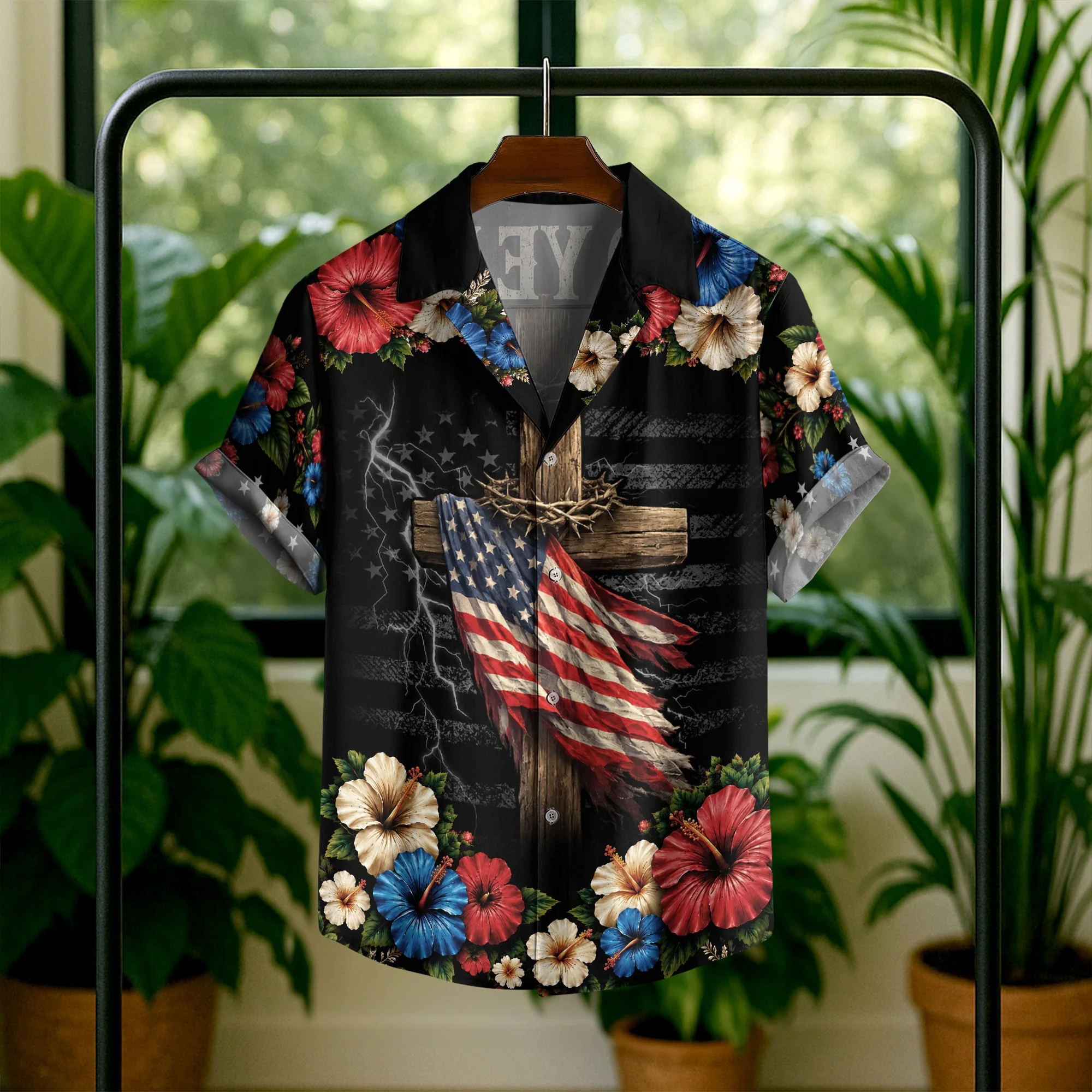 Christian Under God Cross US Flag 1776 2026 Floral Hawaiian Shirt - Patriotic Gift For Him - Image 7