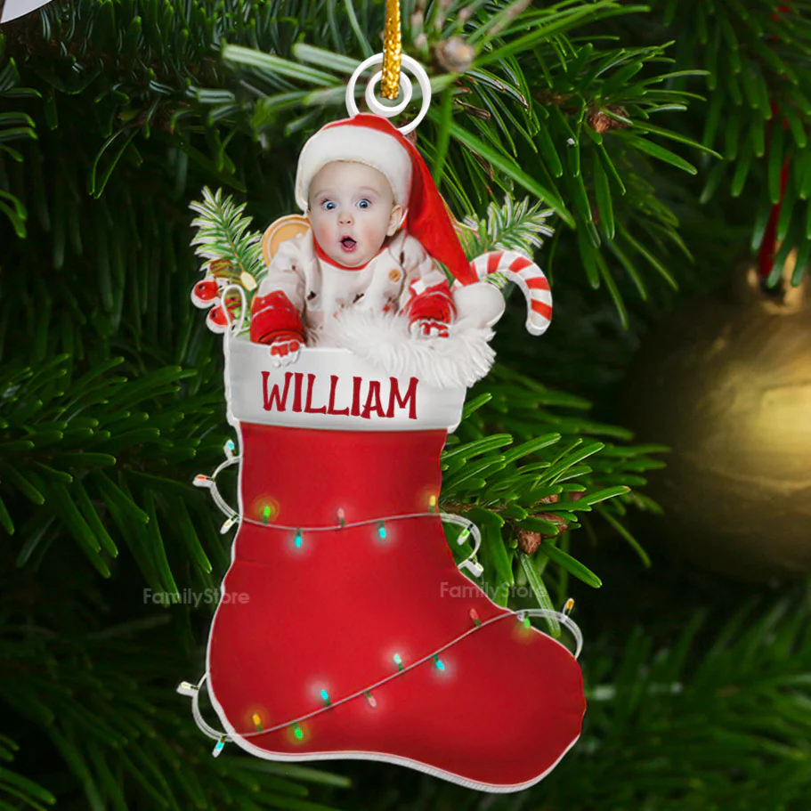 Custom Photo Christmas Baby In The Cute Sock - Gift For Mom, Dad, Baby - Personalized Acrylic Ornament NA94