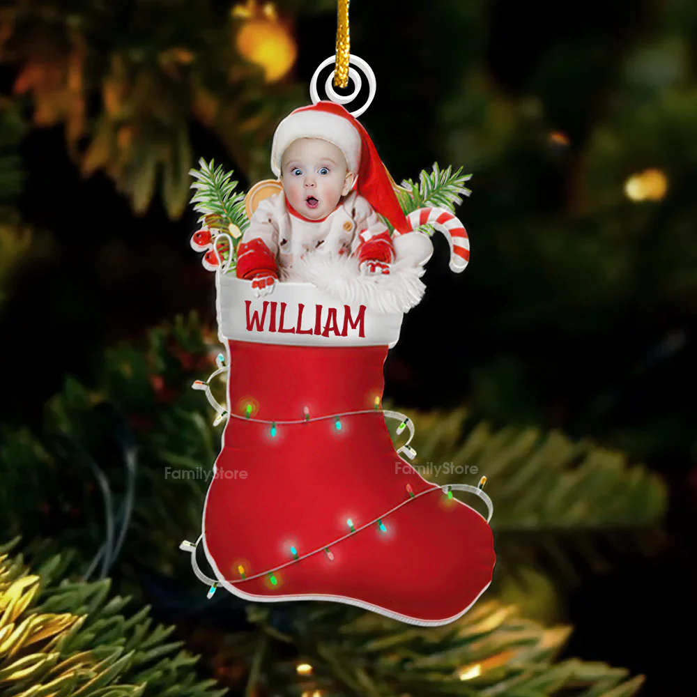 Custom Photo Christmas Baby In The Cute Sock - Gift For Mom, Dad, Baby - Personalized Acrylic Ornament NA94 - Image 2