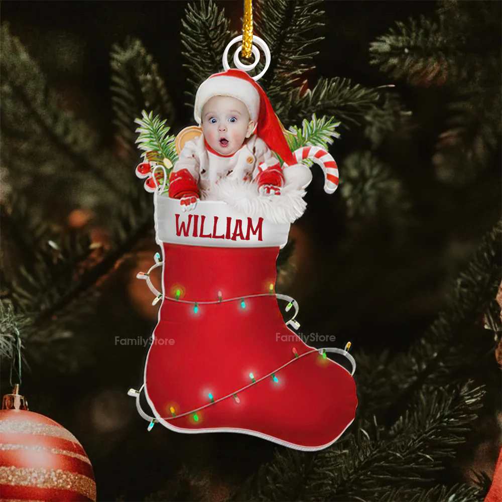 Custom Photo Christmas Baby In The Cute Sock - Gift For Mom, Dad, Baby - Personalized Acrylic Ornament NA94 - Image 3