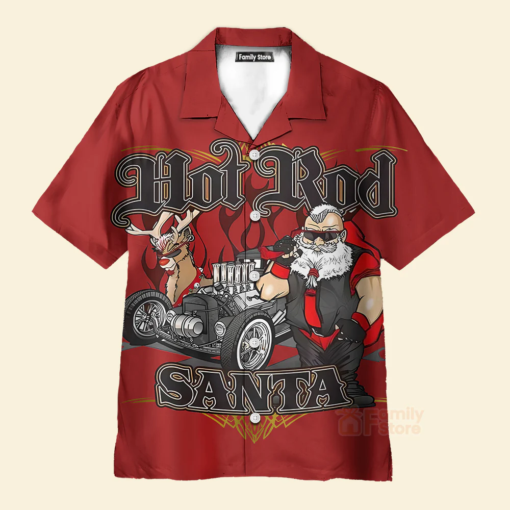 Christmas Fun Hot Rod Santa Car - Hawaiian Shirt - Image 2