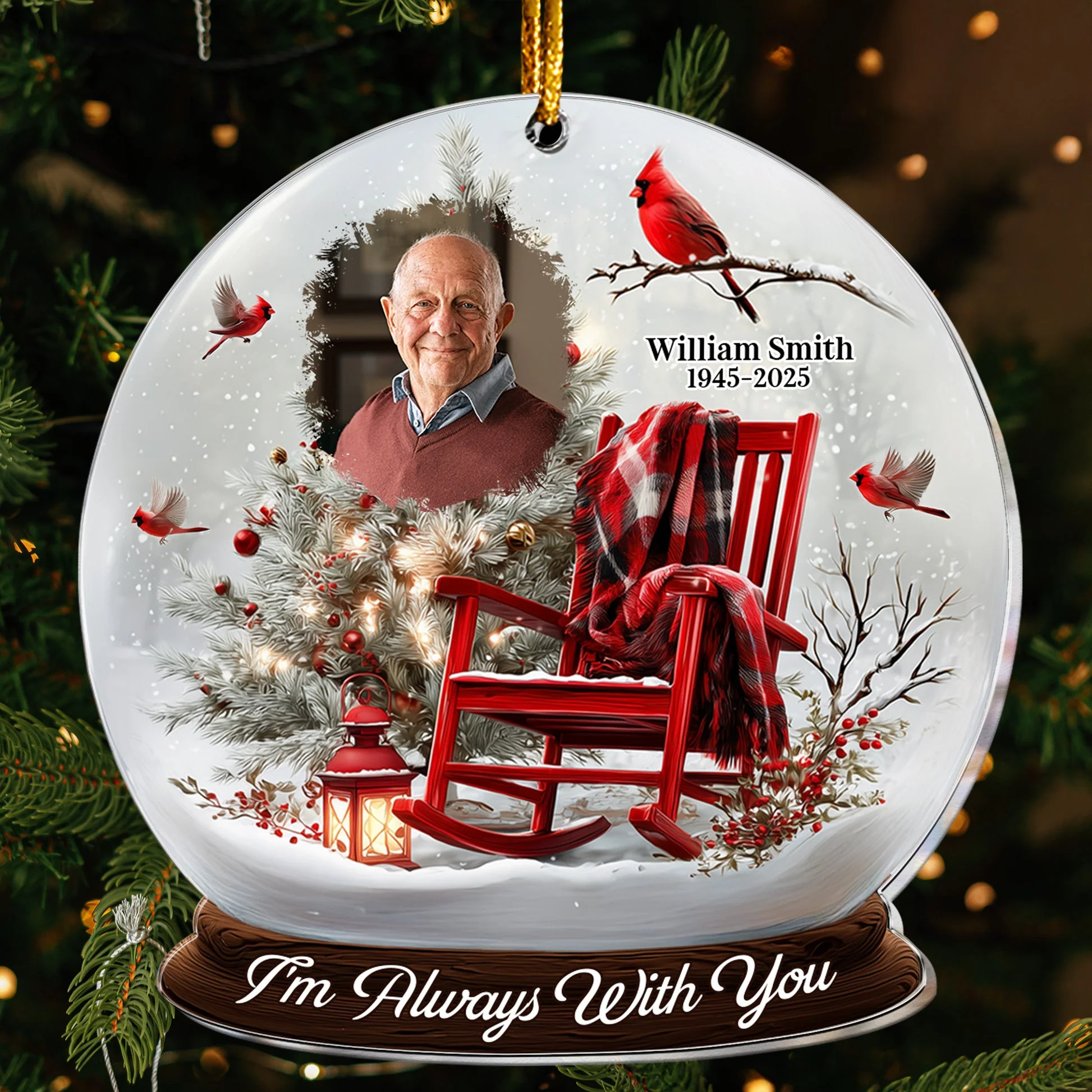 Christmas In Heaven, Cardinal & Rocking Chair - Personalized Acrylic Photo Ornament TD118