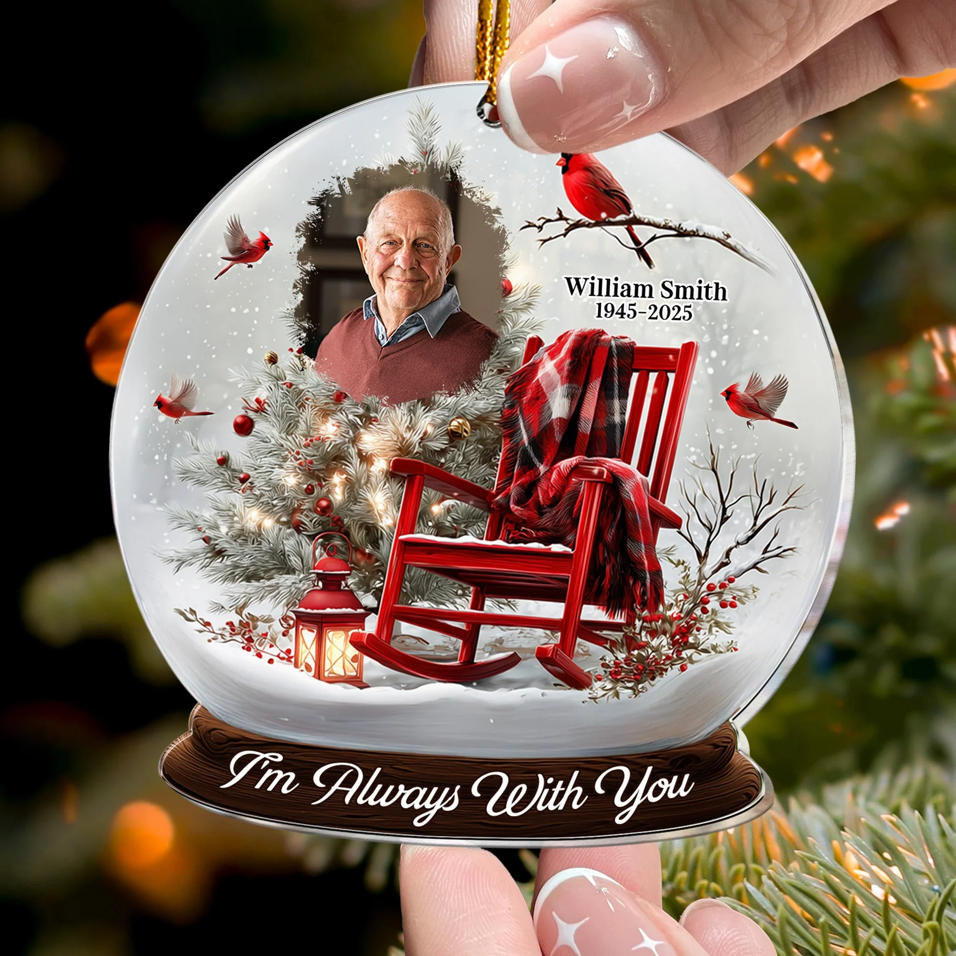 Christmas In Heaven, Cardinal & Rocking Chair - Personalized Acrylic Photo Ornament TD118 - Image 2