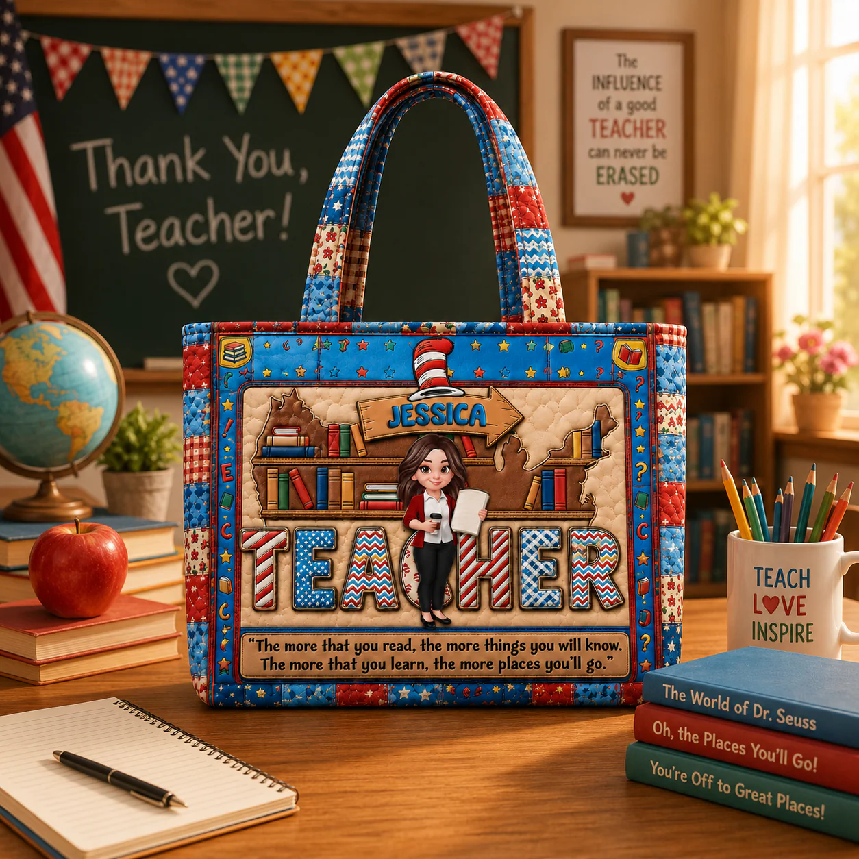 Classic Reading Teacher - Personalized Quilted Tote Bag - Gift For Teacher - Image 2