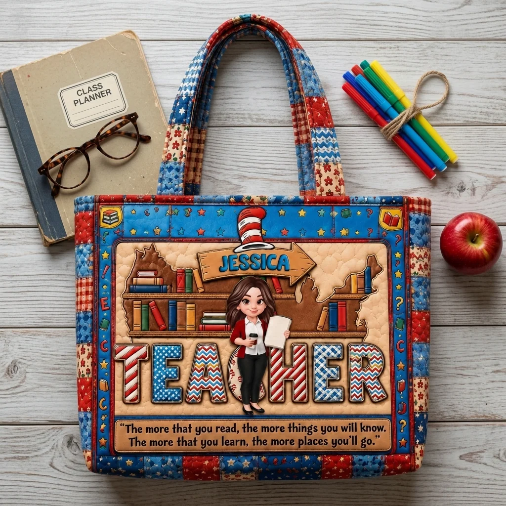 Classic Reading Teacher - Personalized Quilted Tote Bag - Gift For Teacher - Image 4