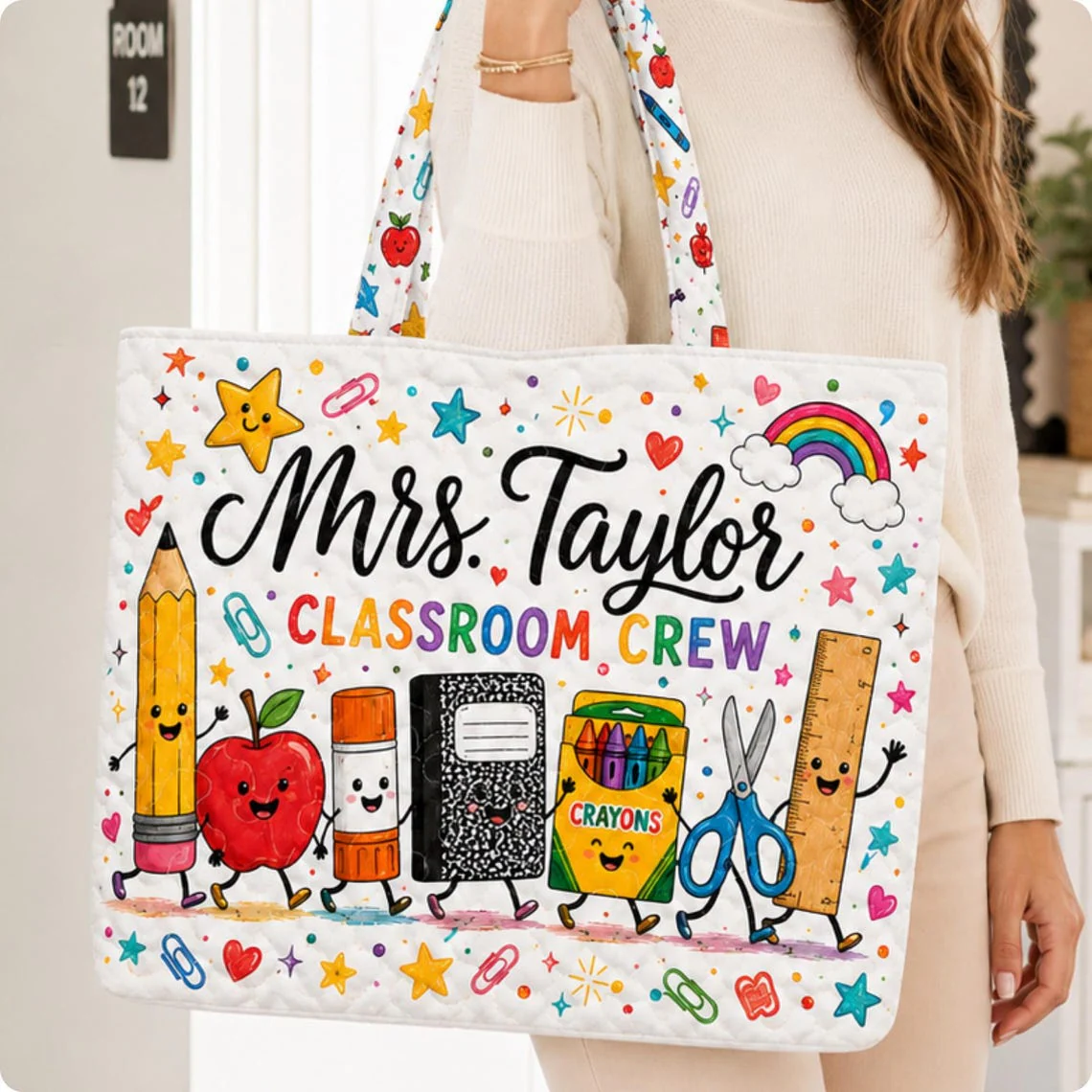 Classroom Crew Book Pencil Apple Teacher - Personalized Quilted Tote Bag - Gift For Teacher - Image 2