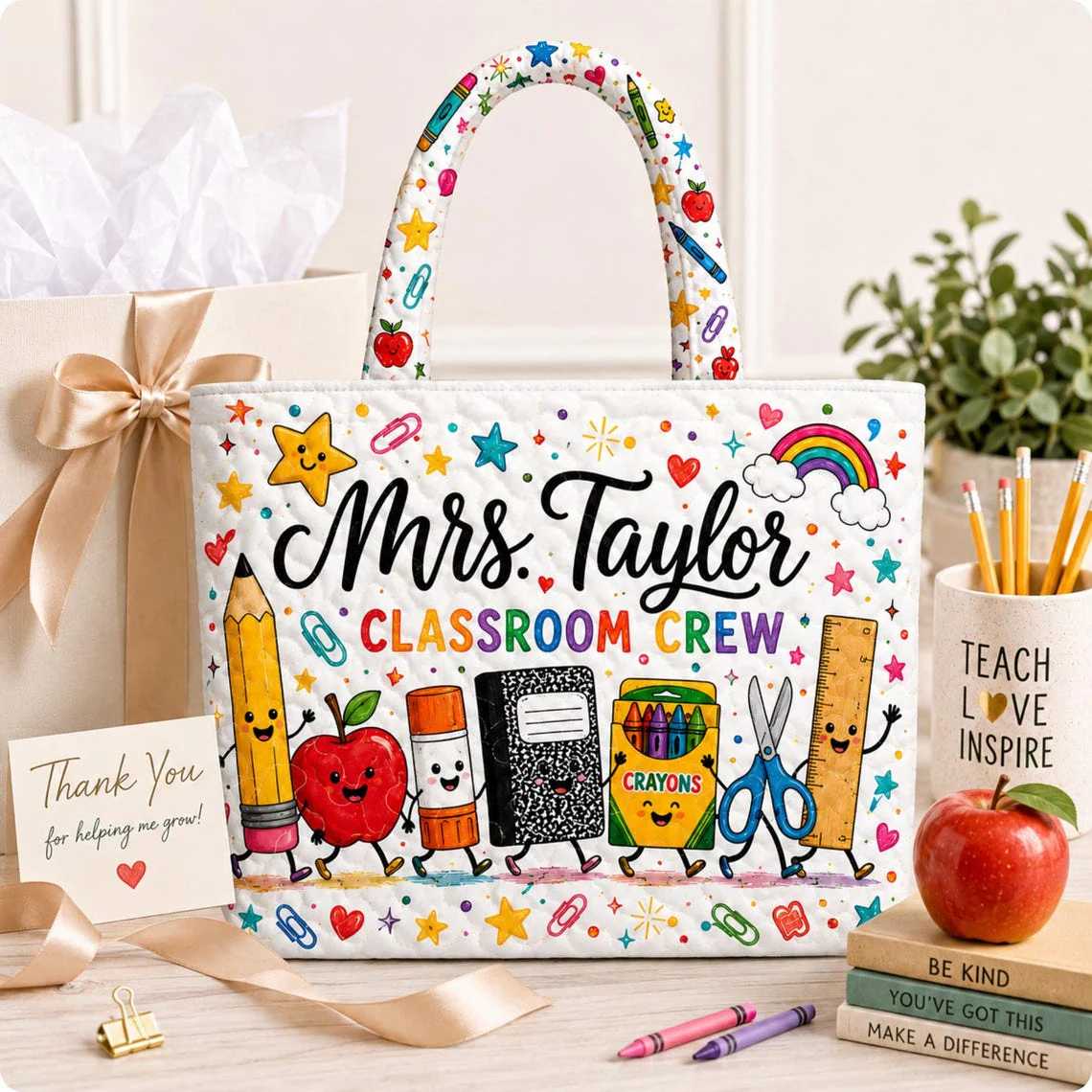 Classroom Crew Book Pencil Apple Teacher - Personalized Quilted Tote Bag - Gift For Teacher - Image 3