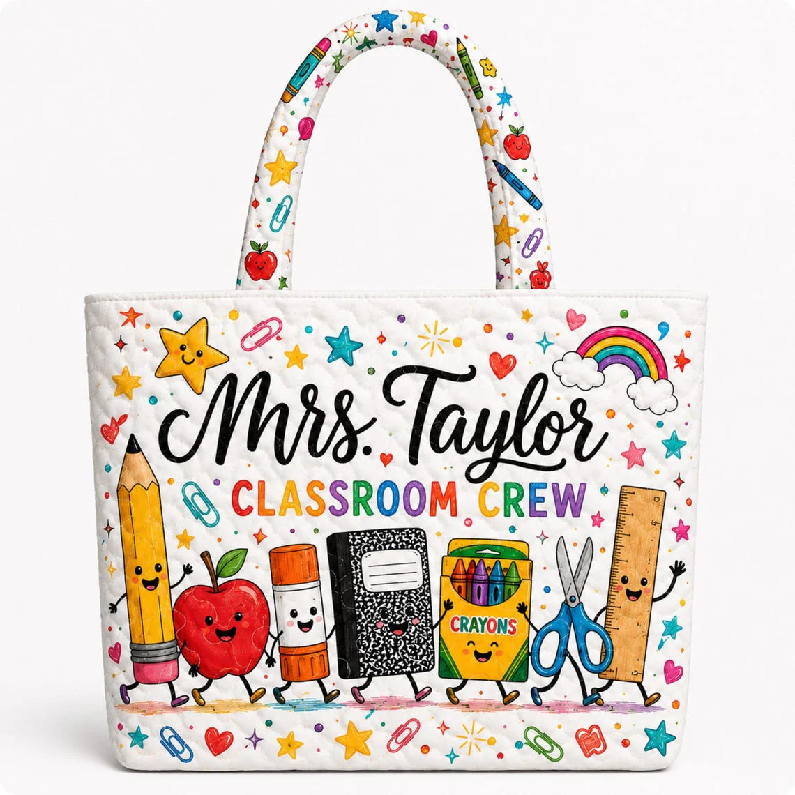 Classroom Crew Book Pencil Apple Teacher - Personalized Quilted Tote Bag - Gift For Teacher - Image 4