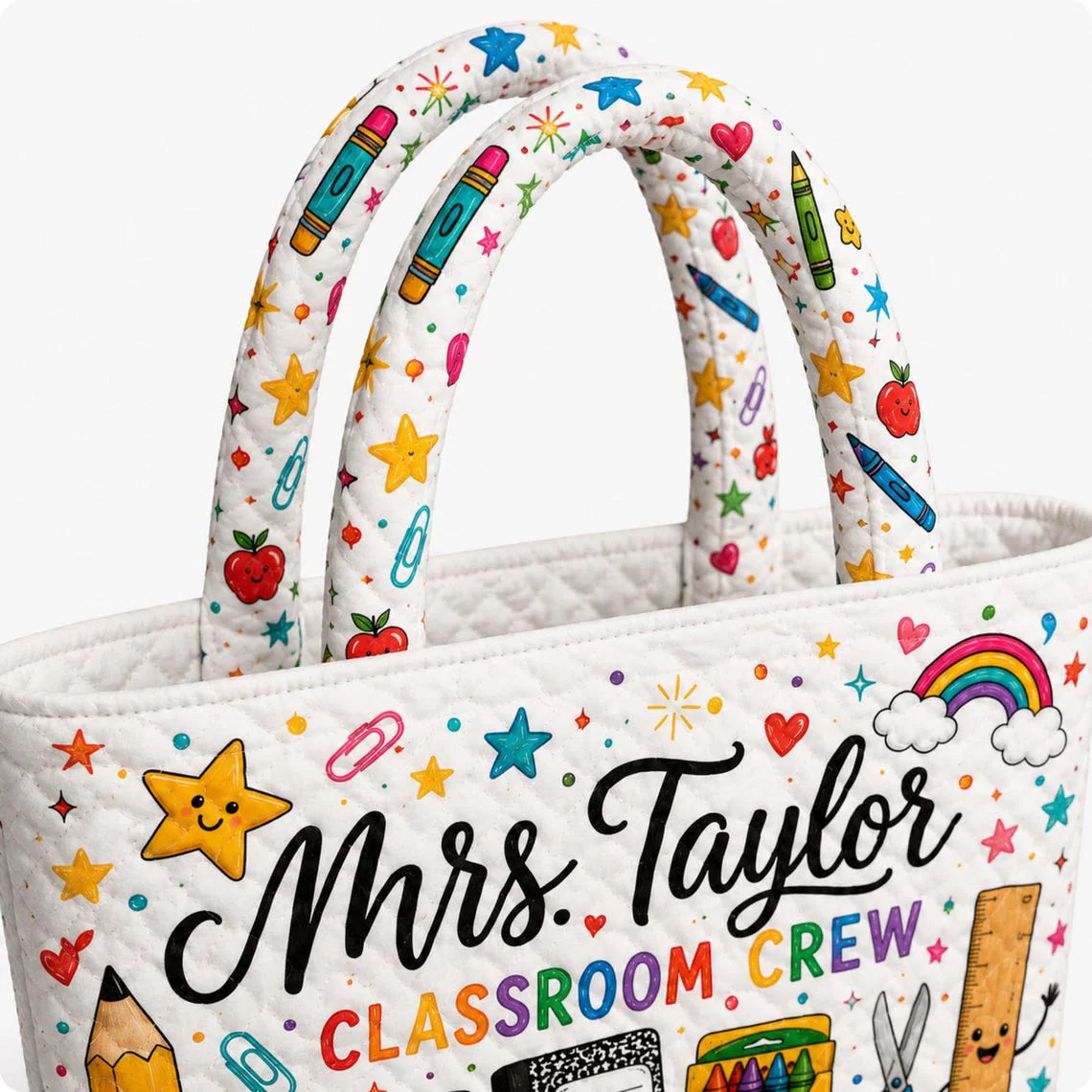 Classroom Crew Book Pencil Apple Teacher - Personalized Quilted Tote Bag - Gift For Teacher - Image 5
