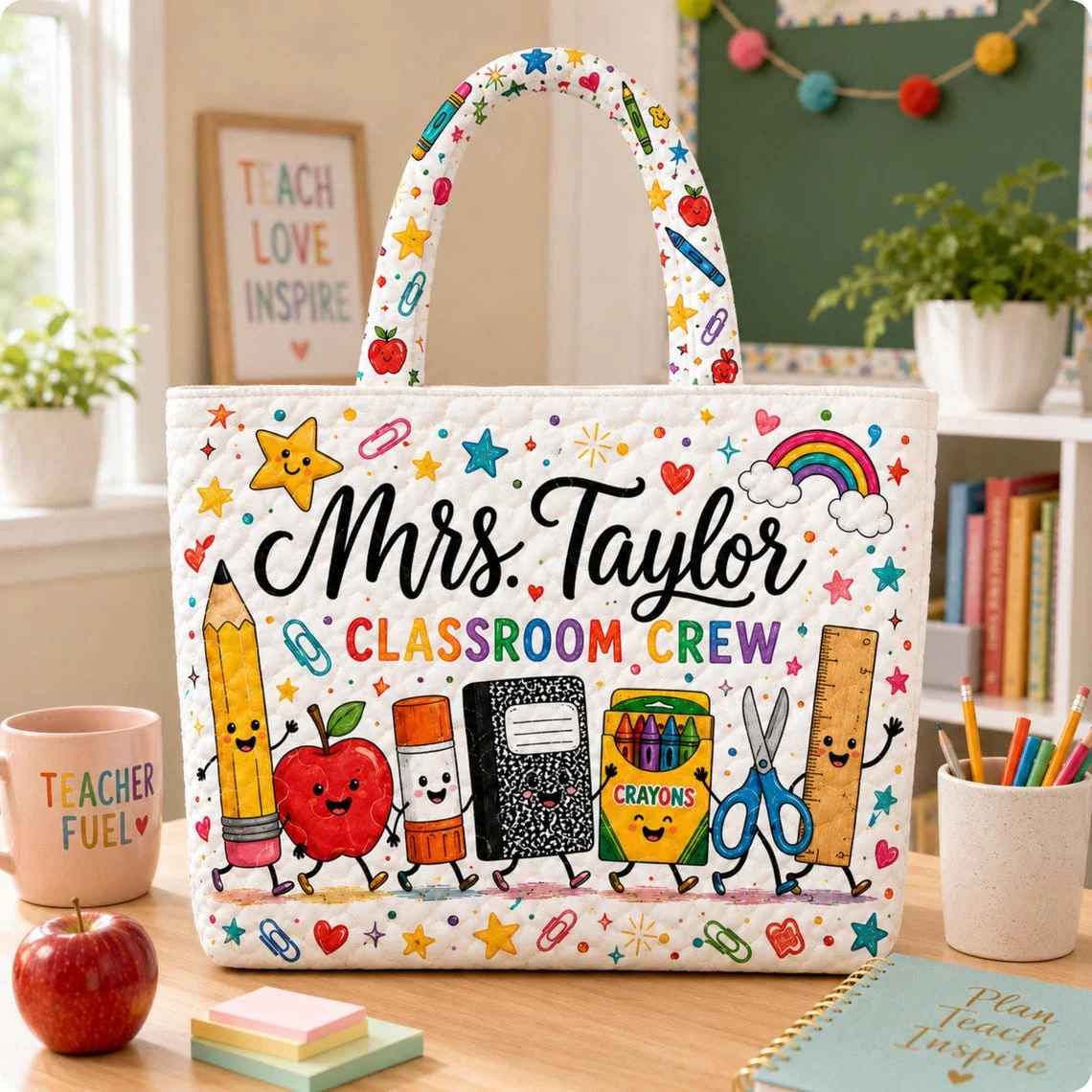 Classroom Crew Book Pencil Apple Teacher - Personalized Quilted Tote Bag - Gift For Teacher - Image 6