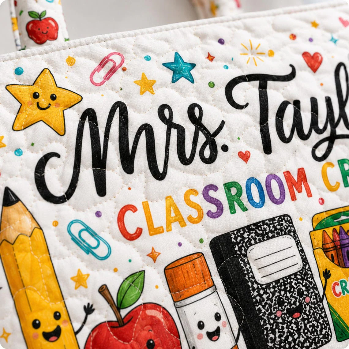Classroom Crew Book Pencil Apple Teacher - Personalized Quilted Tote Bag - Gift For Teacher - Image 7