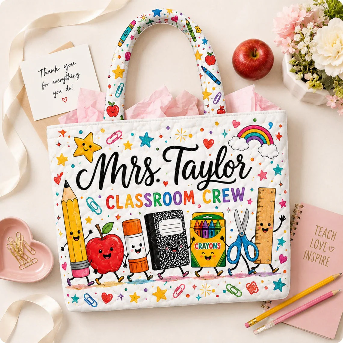 Classroom Crew Book Pencil Apple Teacher - Personalized Quilted Tote Bag - Gift For Teacher - Image 8