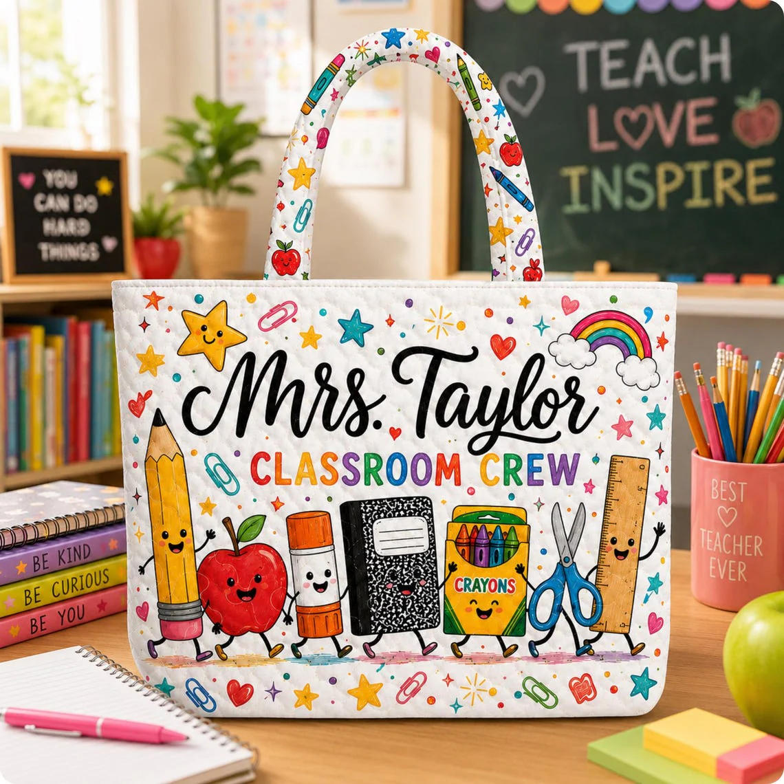 Classroom Crew Book Pencil Apple Teacher - Personalized Quilted Tote Bag - Gift For Teacher - Image 9