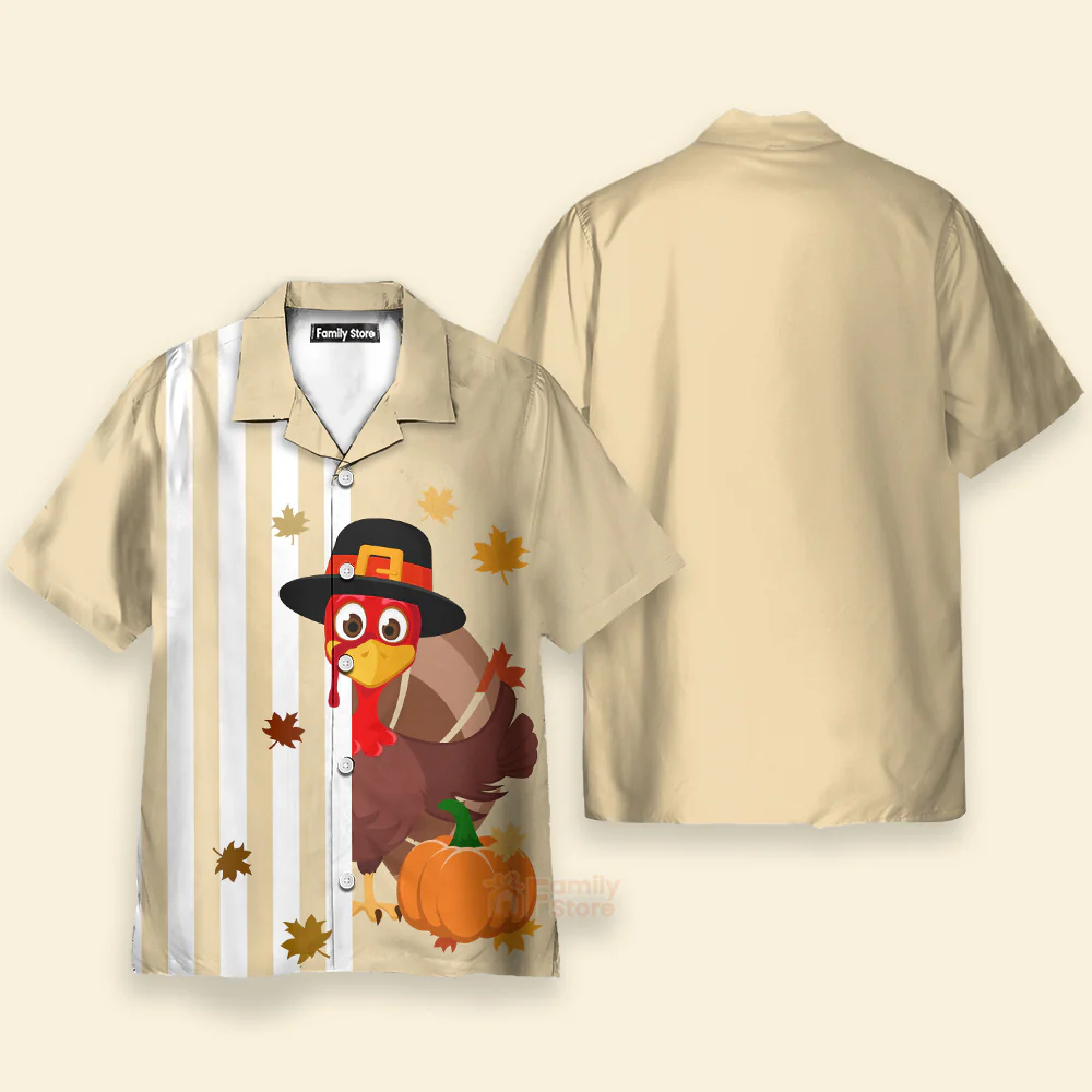 Thanksgiving Turkey Stripe Pattern Pumpkin Beige Hawaiian Shirt - Image 2