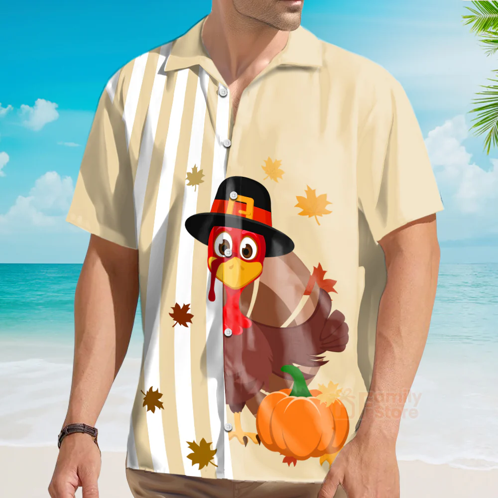 Thanksgiving Turkey Stripe Pattern Pumpkin Beige Hawaiian Shirt - Image 3