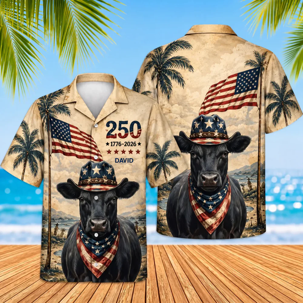 Cowboy Angus Cow USA 250th Anniversary Vintage Beach - Personalized Hawaiian Shirt - Gift For Family