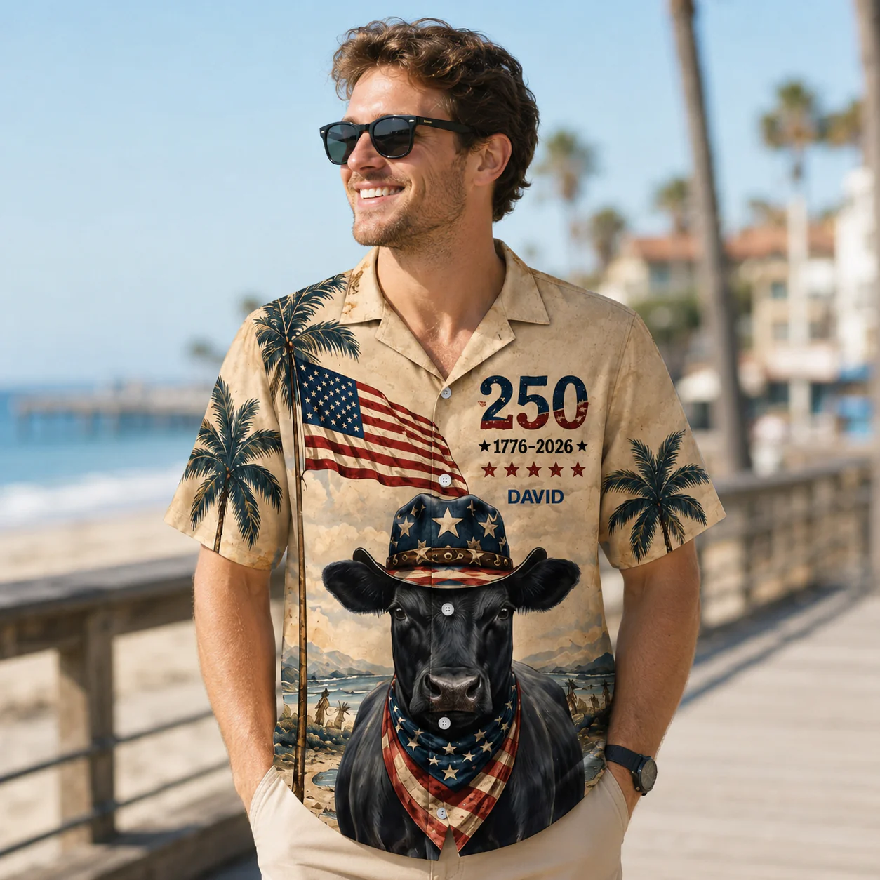 Cowboy Angus Cow USA 250th Anniversary Vintage Beach - Personalized Hawaiian Shirt - Gift For Family - Image 2