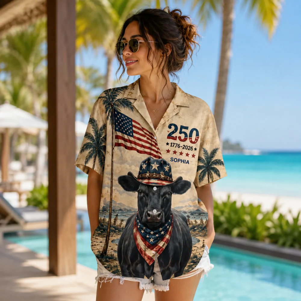 Cowboy Angus Cow USA 250th Anniversary Vintage Beach - Personalized Hawaiian Shirt - Gift For Family - Image 3