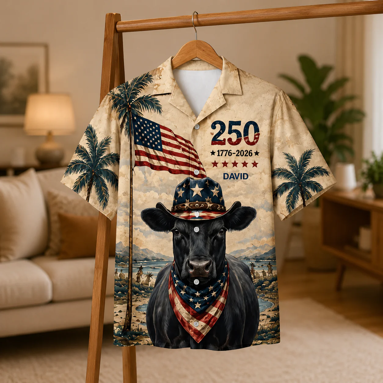 Cowboy Angus Cow USA 250th Anniversary Vintage Beach - Personalized Hawaiian Shirt - Gift For Family - Image 4
