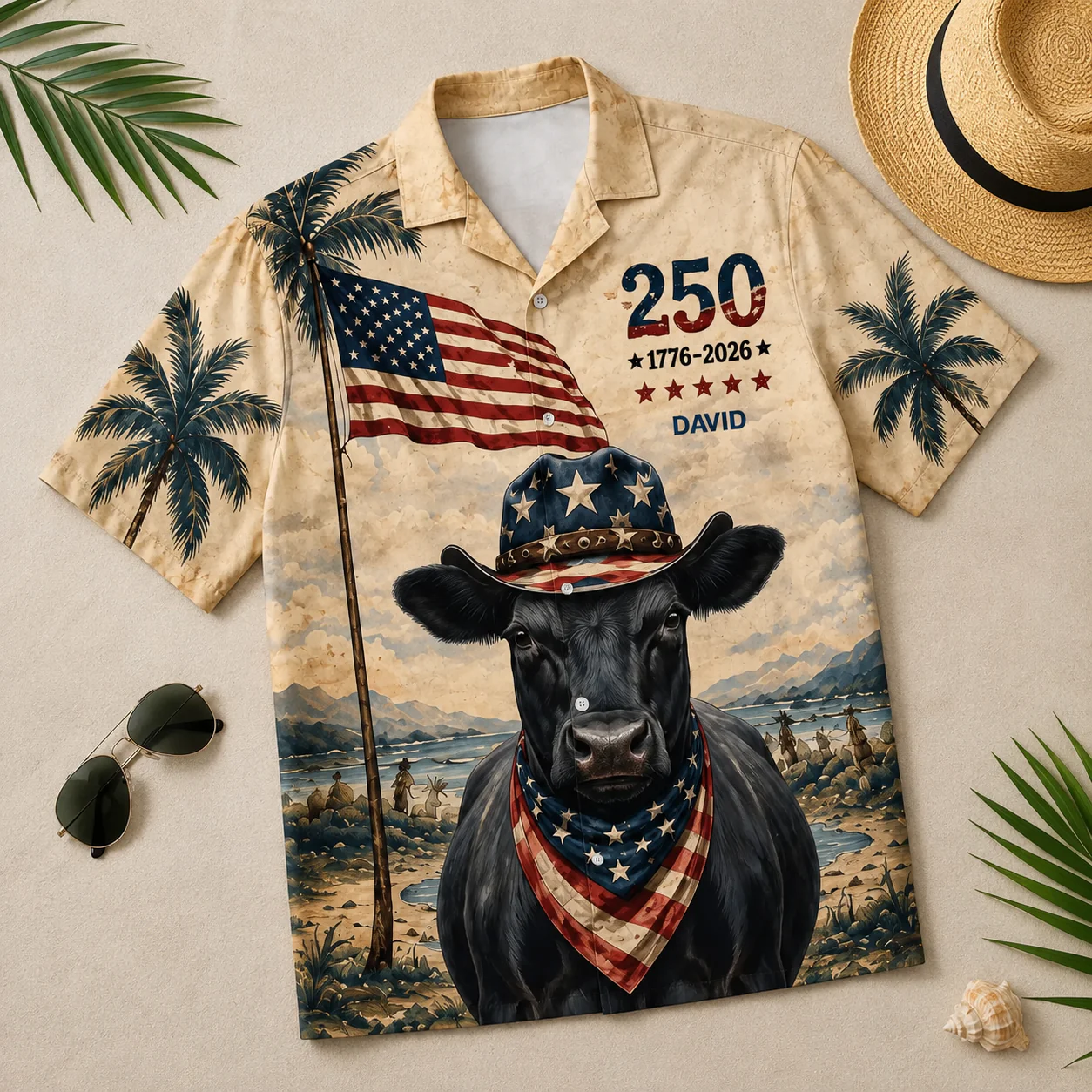 Cowboy Angus Cow USA 250th Anniversary Vintage Beach - Personalized Hawaiian Shirt - Gift For Family - Image 6