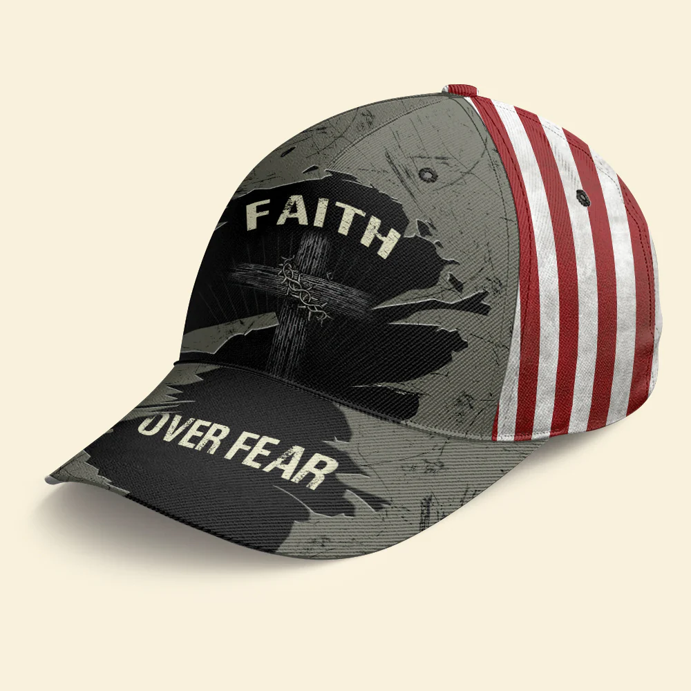 Cross Faith Over Fear Hat Vintage USA Flag Baseball Religious Christian - Classic Cap - Image 3