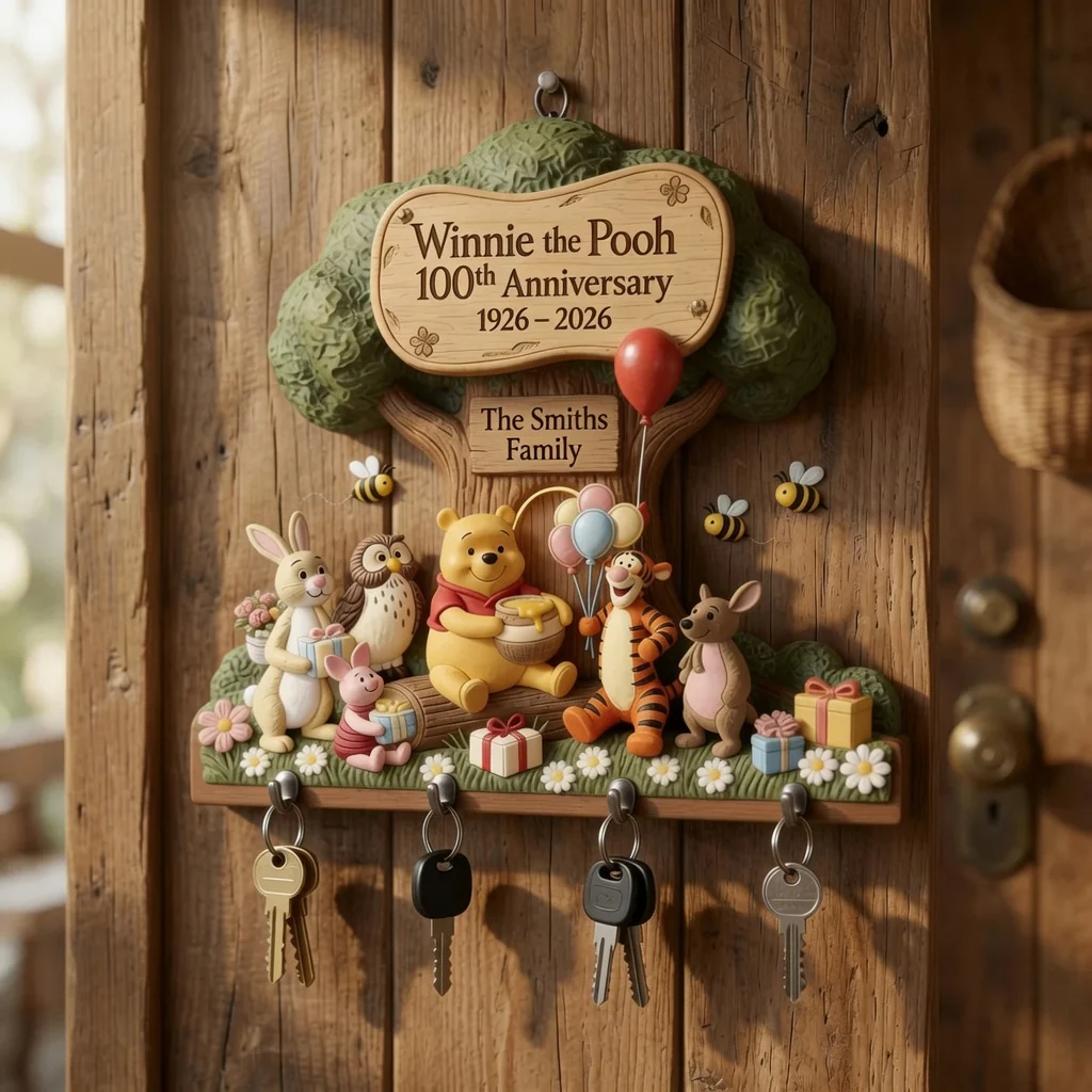 Honey Bear Celebrate 100 Years Of Friendship - Personalized Key Hanger - Gift For Family, Movie Fans - DSNY