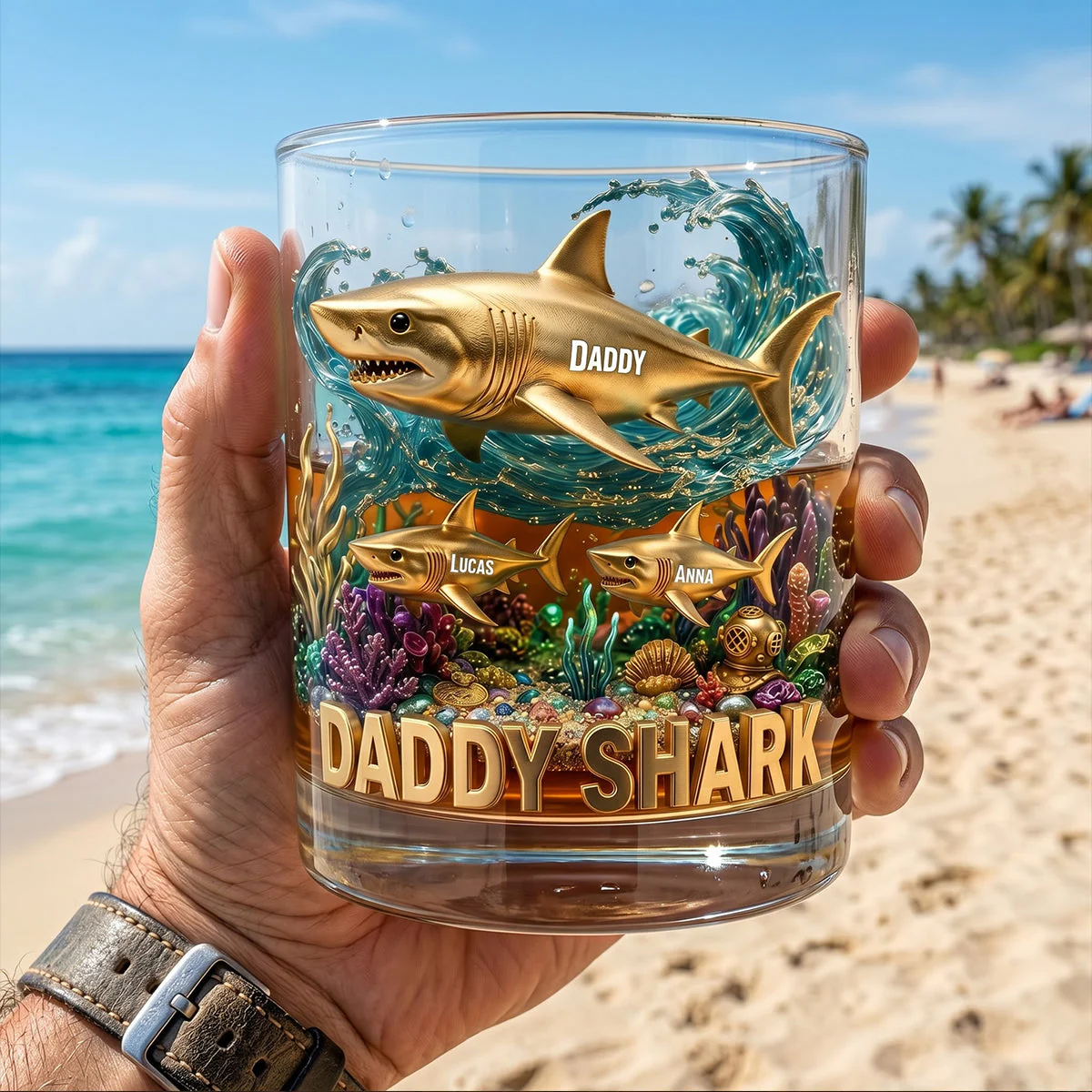 CU6060514 Ocean Gold Shark Family - Personalized Whiskey Glass - Gift For Dad, Grandpa - Image 2