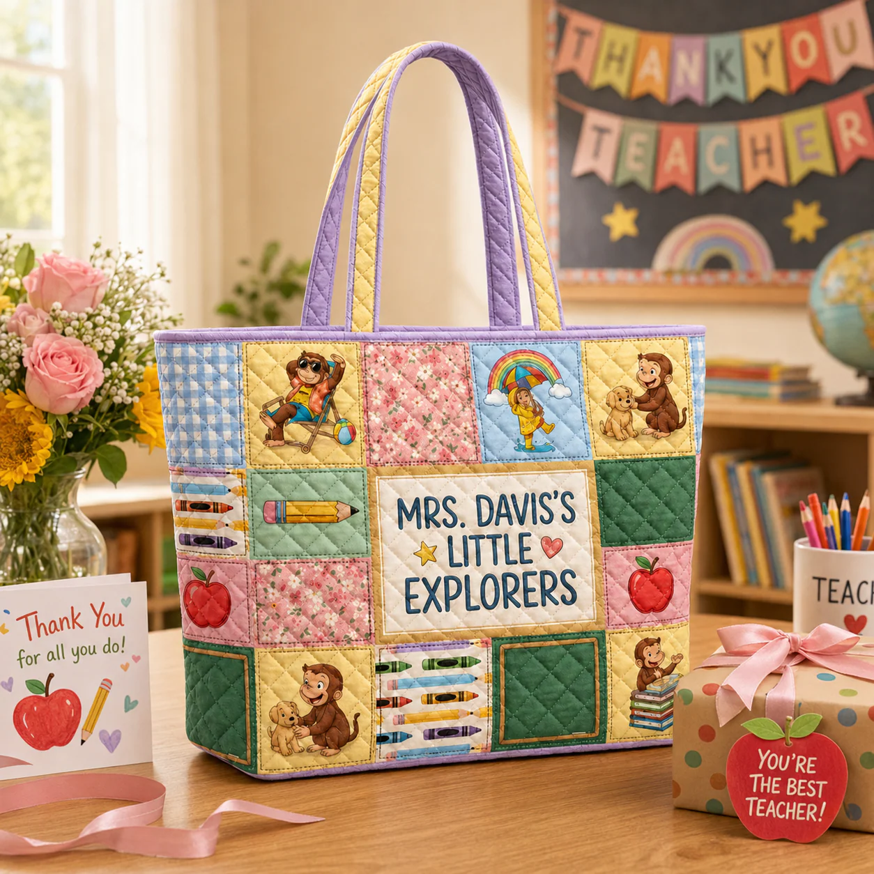 Curious George Teacher Little Explorers - Personalized Quilted Tote Bag - Gift For Students, Teacher - Image 2