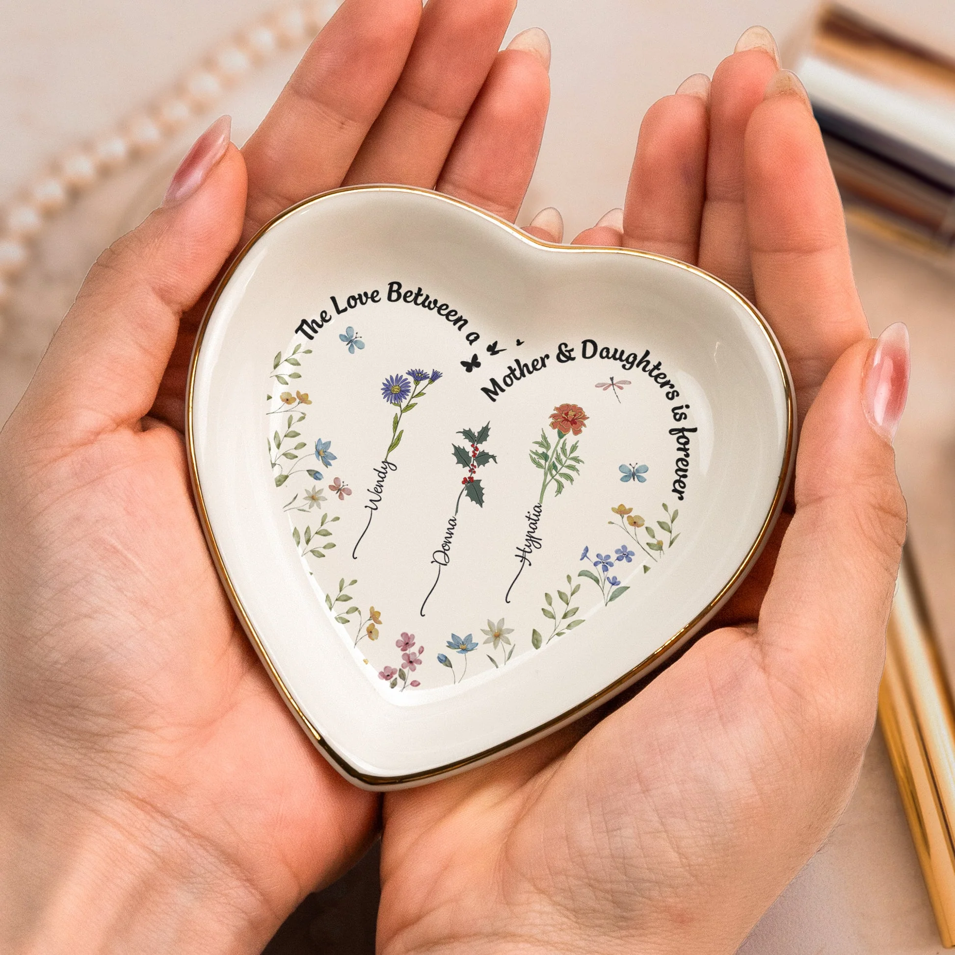 Custom Birth Flowers The Love Between A Mother & Daughters - Personalized Jewelry Dish - Gift For Mom, Mothers Day NA94 - Image 2