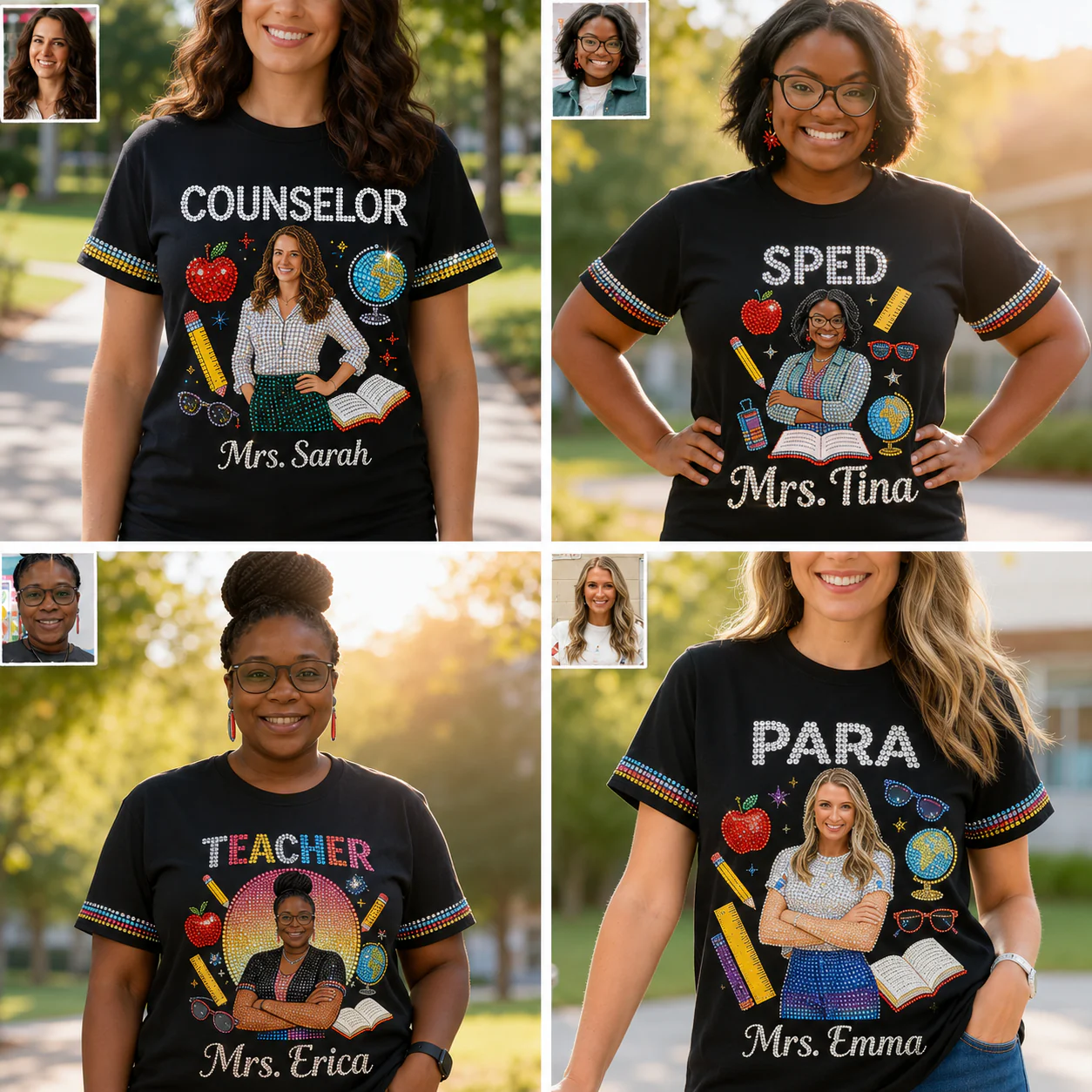 Custom Cartoon Photo Teacher Glitter Pattern - Personalized Tshirt - Gift For Teacher