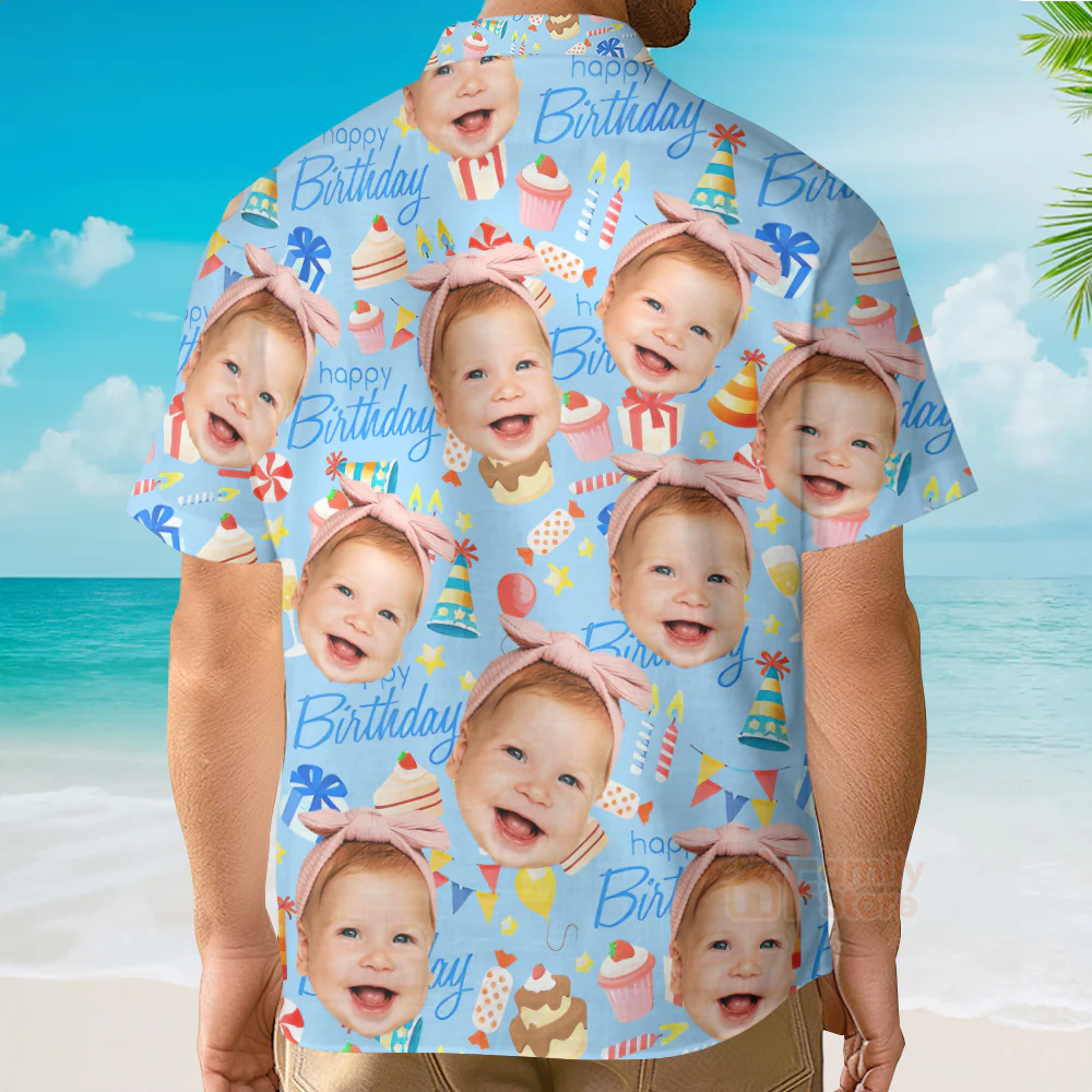 Custom Photo Funny Face Happy Birthday Gifts On Blue - Hawaiian Shirt - Image 4