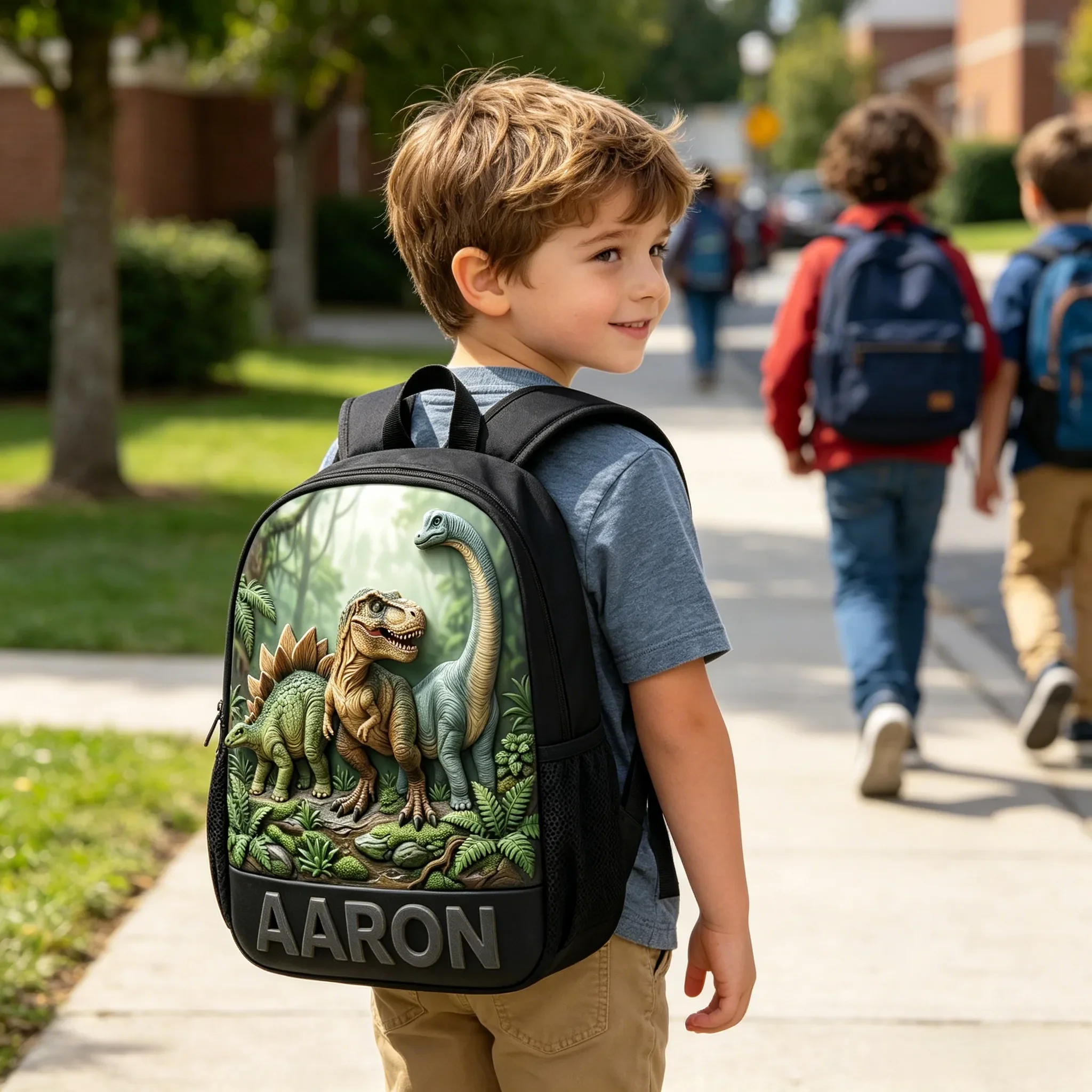 Custom Kid Name Dinosaur - Personalized Backpack, Lunch Bag, Pencil Case & Water Bottle - Back to School Gift For Kids - Image 2