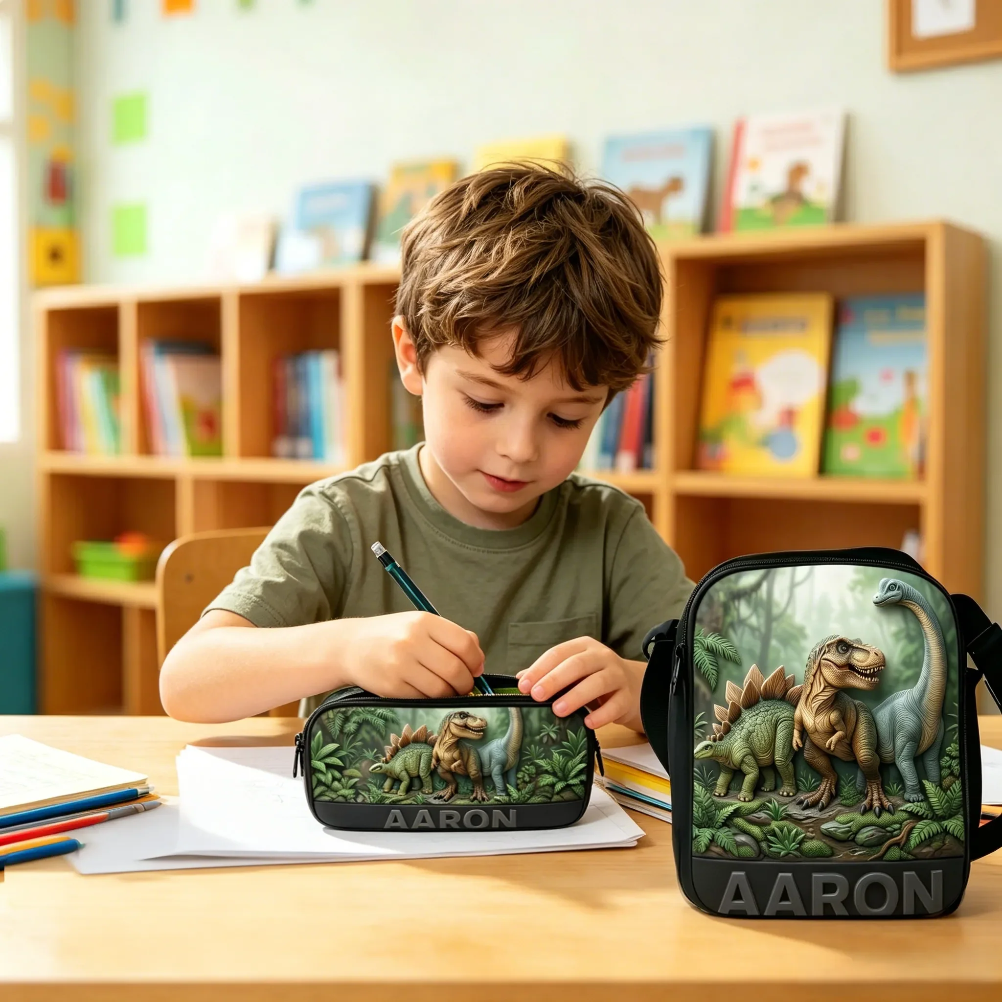 Custom Kid Name Dinosaur - Personalized Backpack, Lunch Bag, Pencil Case & Water Bottle - Back to School Gift For Kids - Image 3
