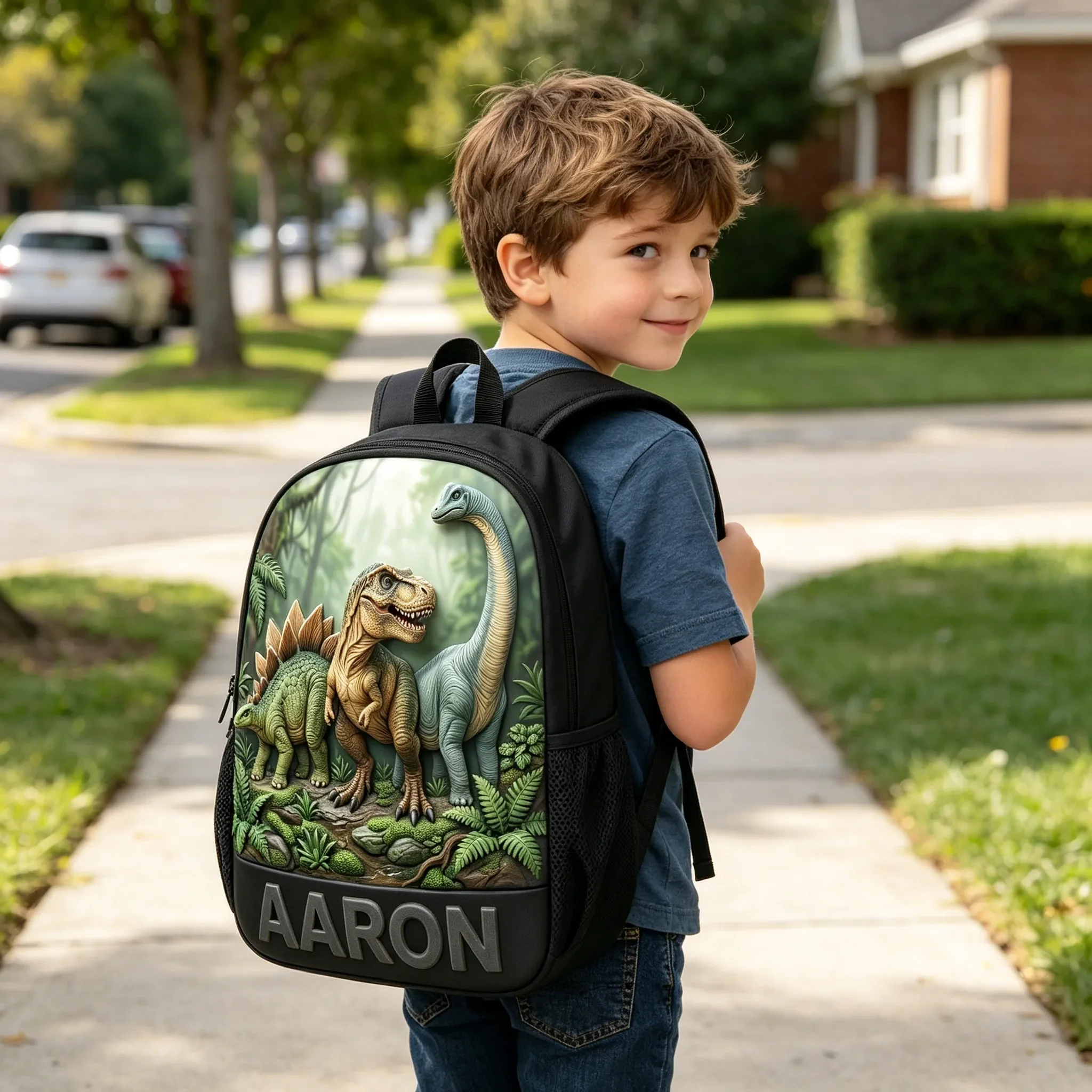 Custom Kid Name Dinosaur - Personalized Backpack, Lunch Bag, Pencil Case & Water Bottle - Back to School Gift For Kids - Image 4