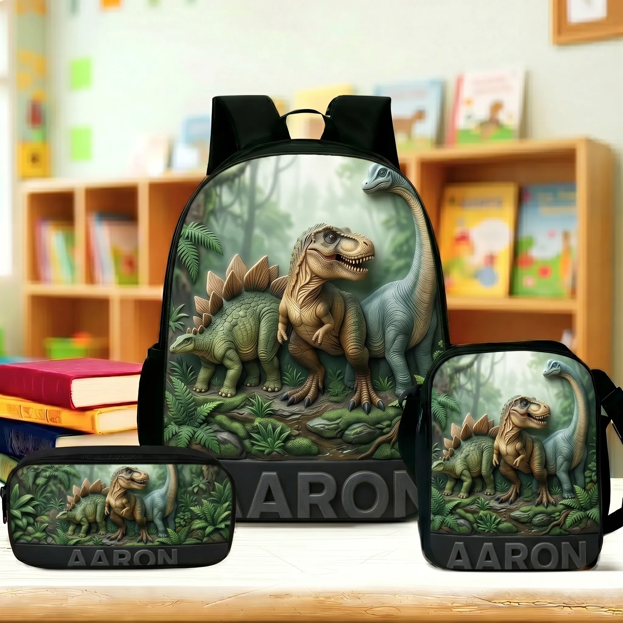 Custom Kid Name Dinosaur - Personalized Backpack, Lunch Bag, Pencil Case & Water Bottle - Back to School Gift For Kids - Image 8