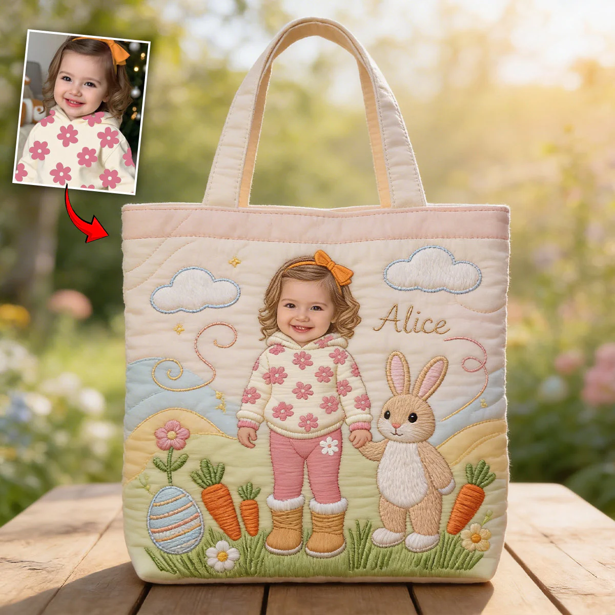 Custom Kid Photo Cute Girl Boy And Easter Bunny - Personalized Quilted Tote Bag - Gift For Family
