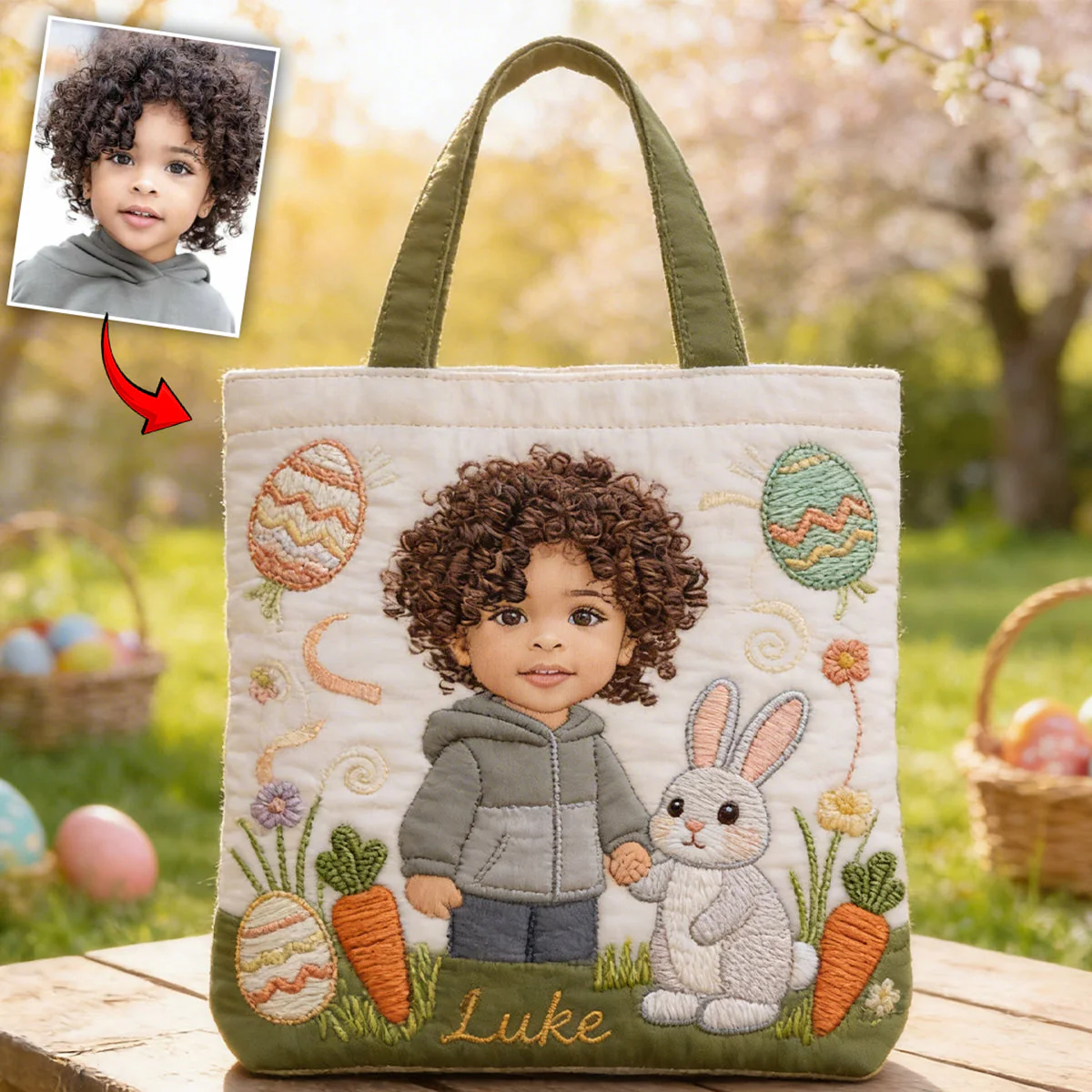 Custom Kid Photo Cute Girl Boy And Easter Bunny - Personalized Quilted Tote Bag - Gift For Family - Image 2