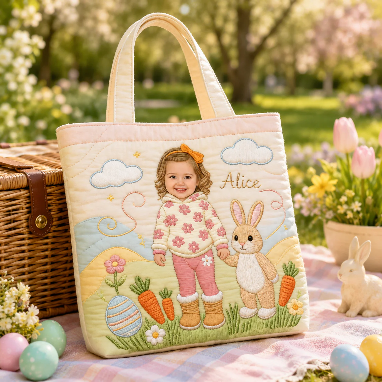 Custom Kid Photo Cute Girl Boy And Easter Bunny - Personalized Quilted Tote Bag - Gift For Family - Image 5