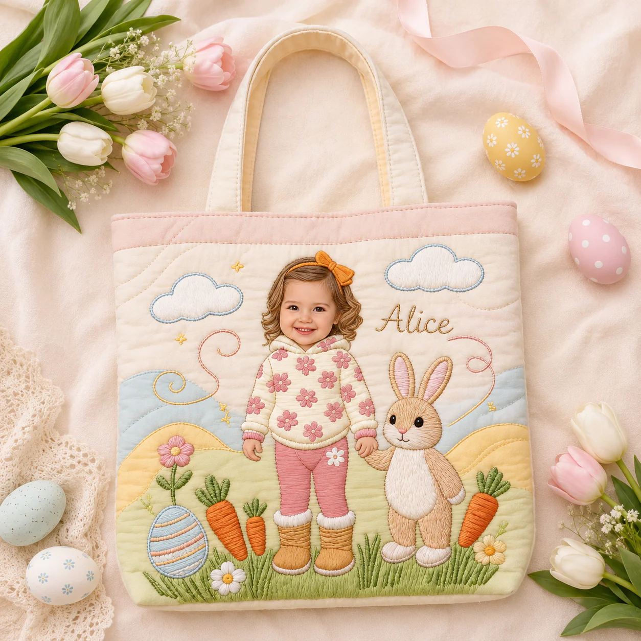 Custom Kid Photo Cute Girl Boy And Easter Bunny - Personalized Quilted Tote Bag - Gift For Family - Image 6