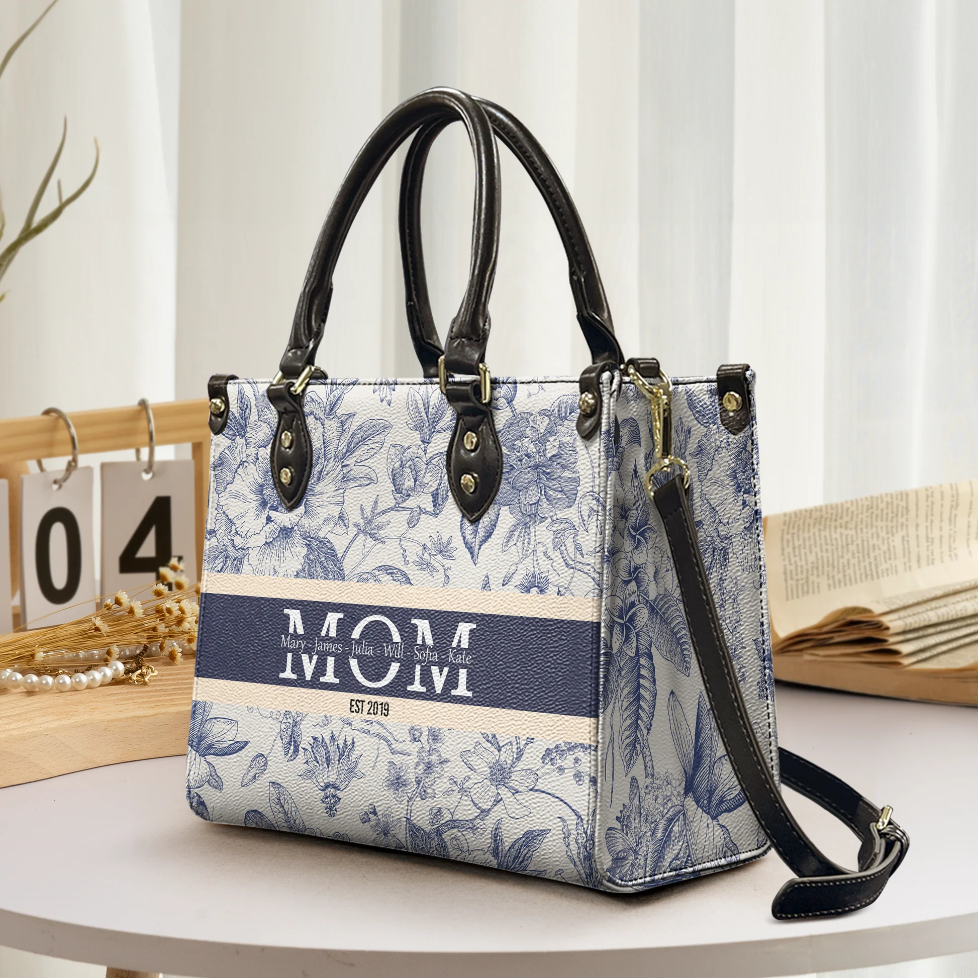 Custom Kids Names Floral - Personalized Leather Bag - Loving Gift For Mother, Grandma, Grandmother, Mother's Day | NA94 - Image 2