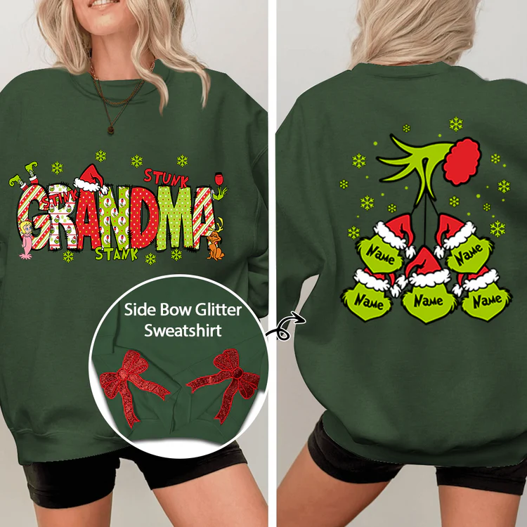 Custom Name Side - Gift For For Grandma And Kids - Personalized Bow Red Glitter Embroidered Sweatshirt - NH96 - Image 2