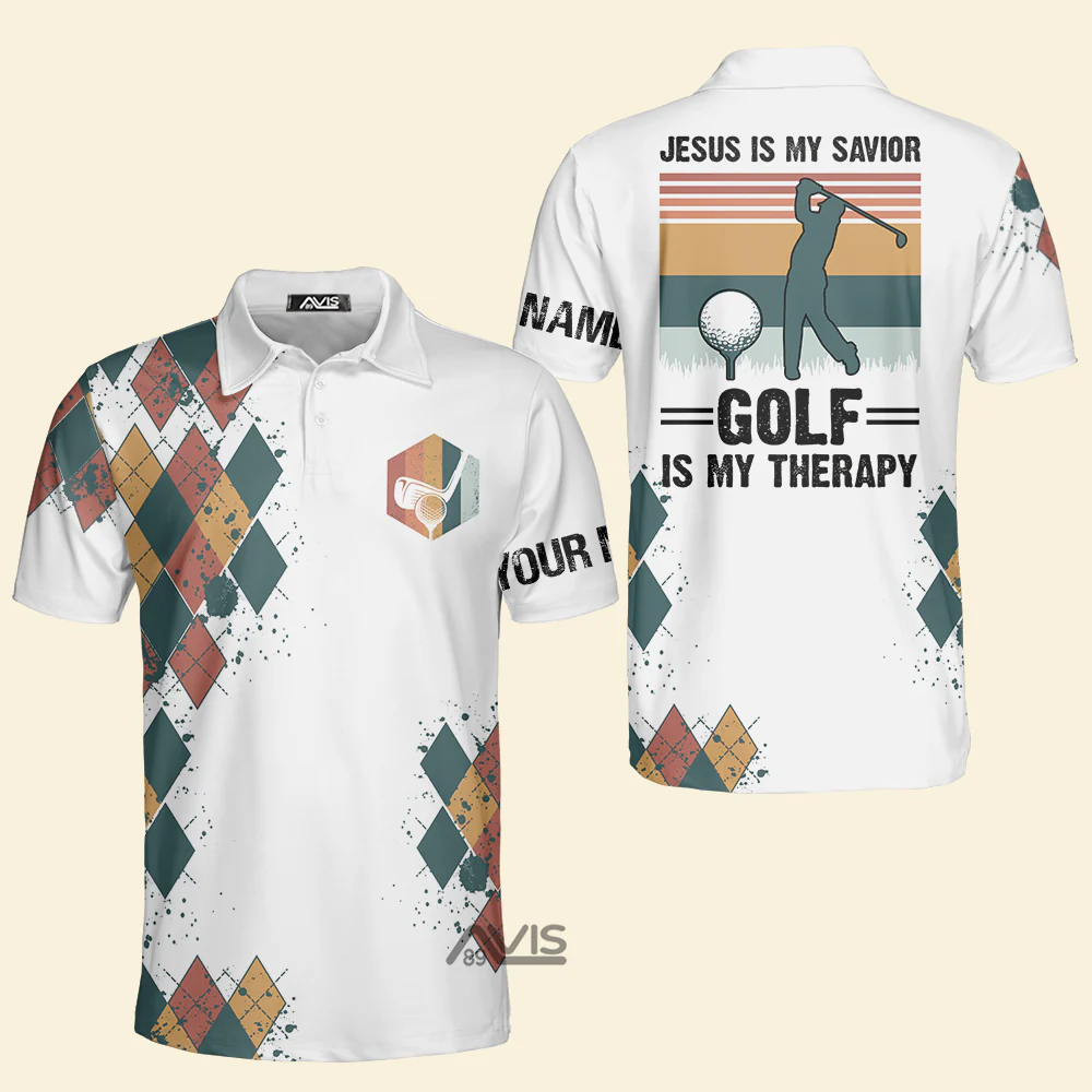 Jesus Is My Savior Golf Is My Therapy Men Golf - Personalized Polo Shirt - Image 2