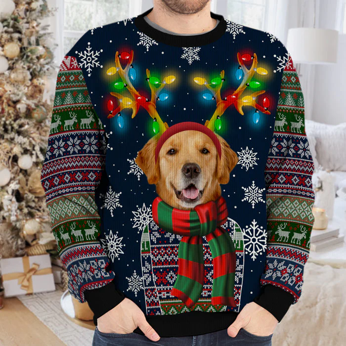 Custom Photo A Pet In Christmas Costume With Colorful Reindeer Antlers - Personalized Ugly Sweater - Christmas Gift For Pet Owners, Pet Lovers NH96 - Image 3