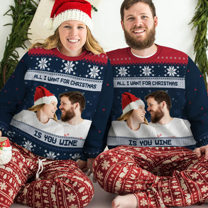 Custom Photo All I Want For Christmas Is Wine - Personalized Ugly Sweater - Gift For Couple, Husband Wife - NH96