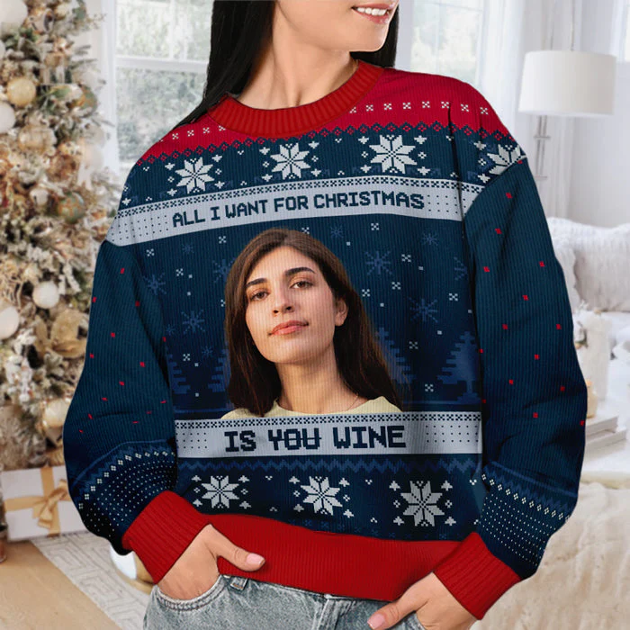 Custom Photo All I Want For Christmas Is Wine - Personalized Ugly Sweater - Gift For Couple, Husband Wife - NH96 - Image 3